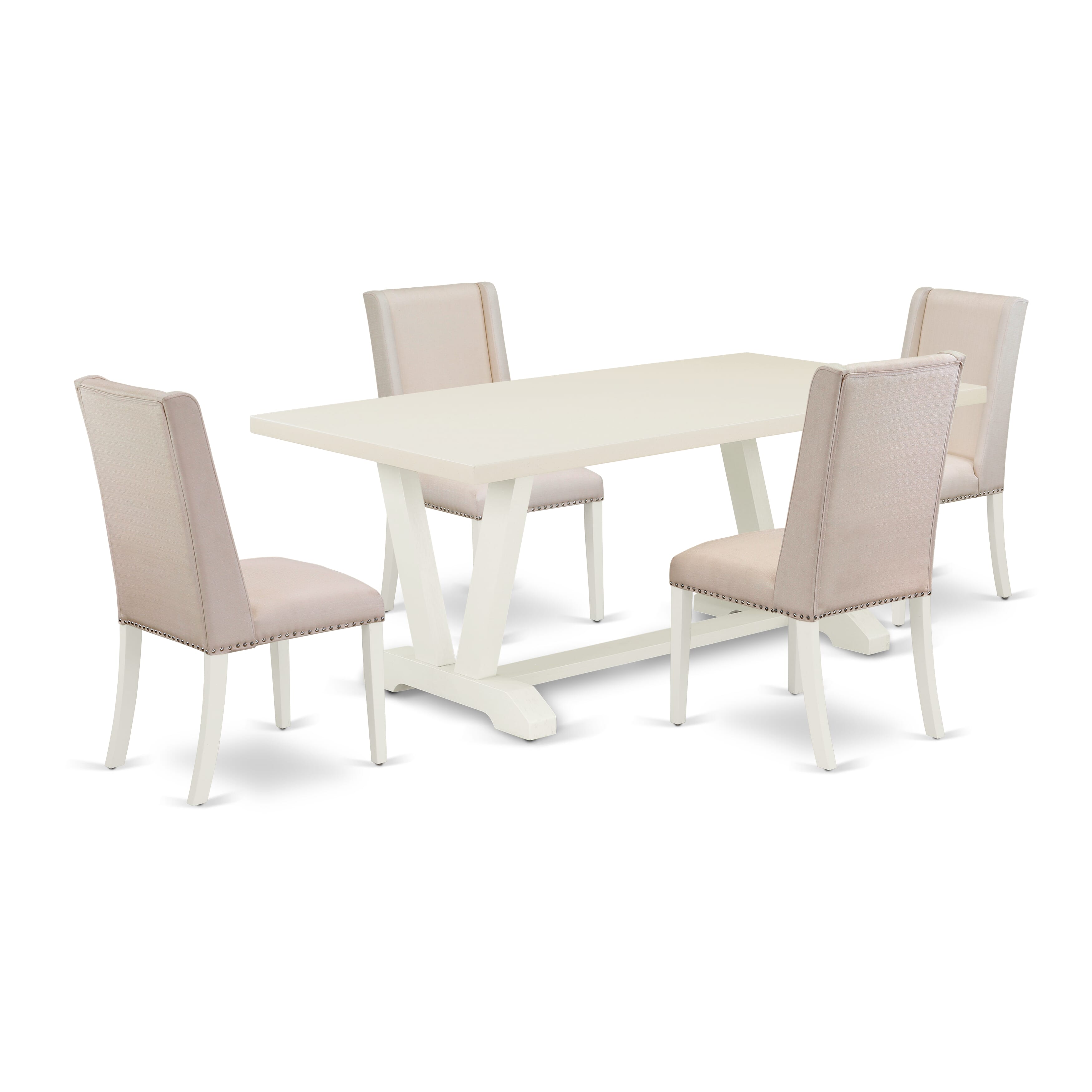 East West Furniture V027FL201-5 5-Piece Dining Room Set with Rectangular Table and 4 Linen Fabric Kitchen Chairs (linen white Finish)