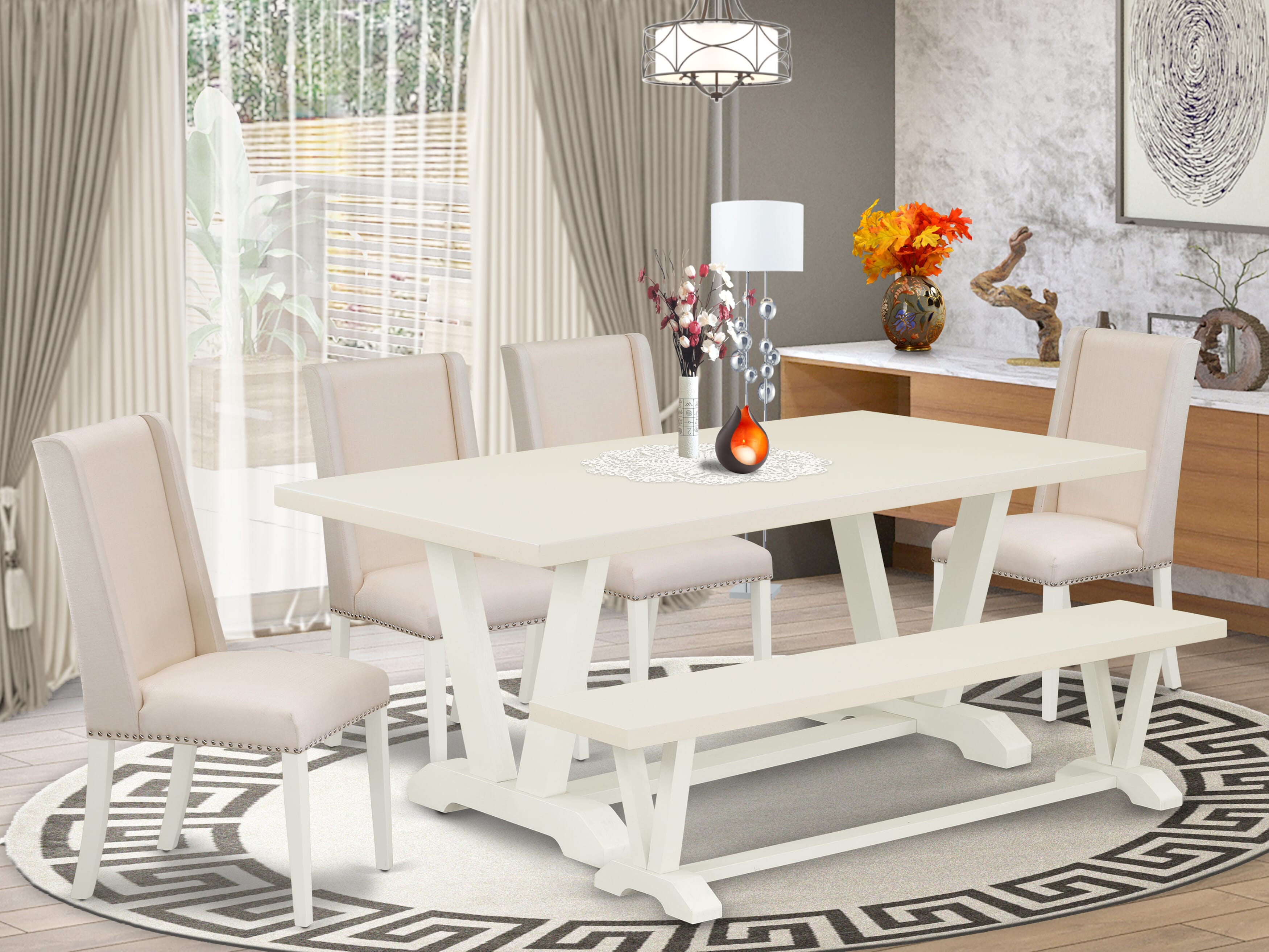 East West Furniture V027FL201-6 6-Piece Dining Table Set with Kitchen Table and Dining Bench - 4 Linen Fabric Chairs (linen white Finish)