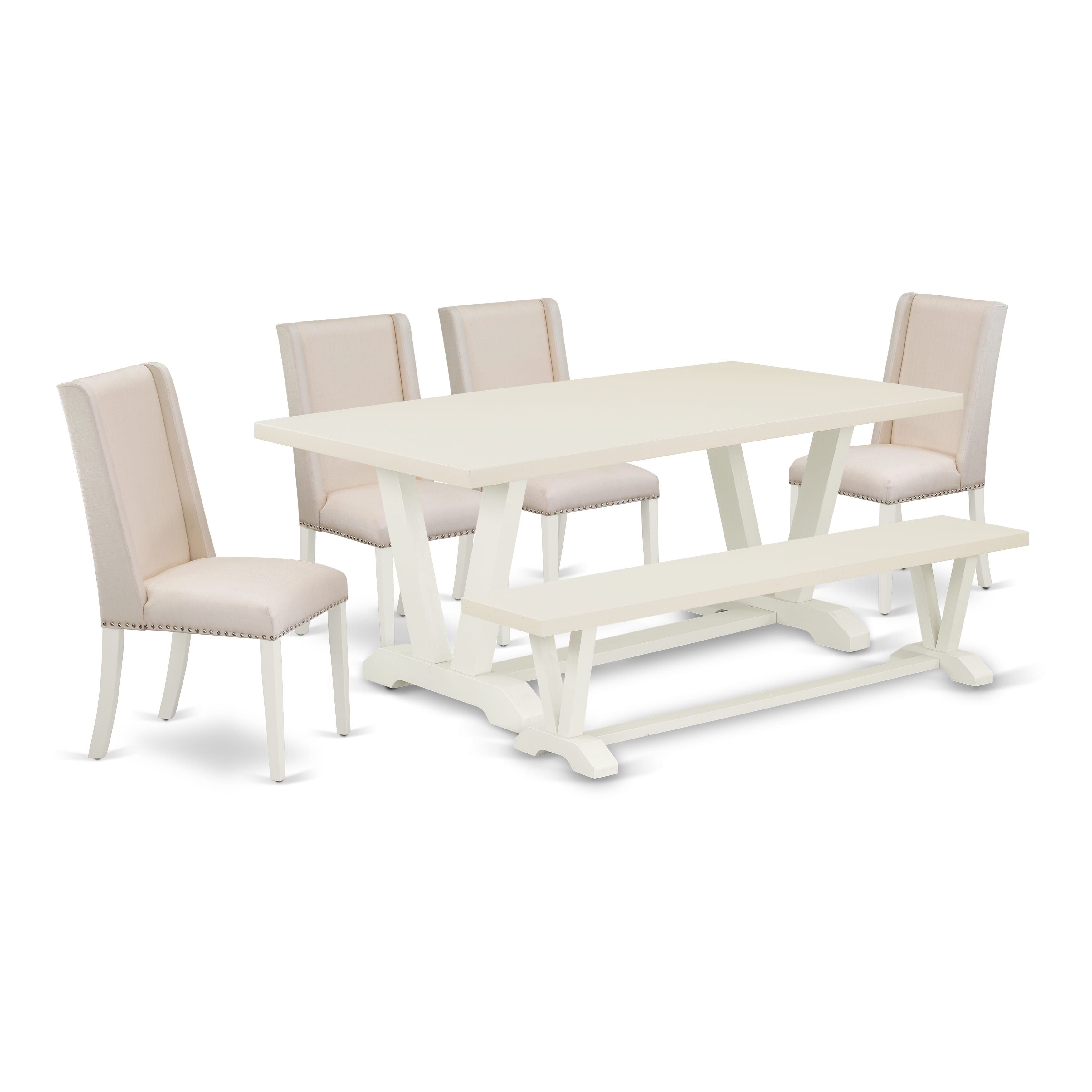 East West Furniture V027FL201-6 6-Piece Dining Table Set with Kitchen Table and Dining Bench - 4 Linen Fabric Chairs (linen white Finish)