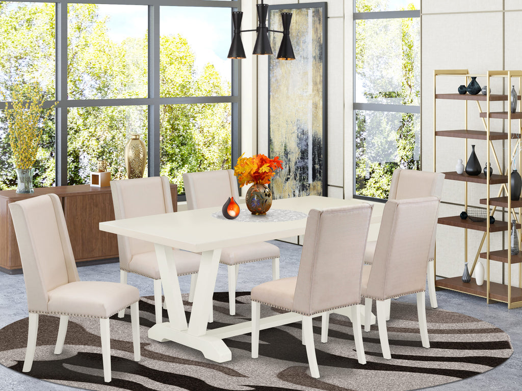 Juego de mesa de comedor East West Furniture V027FL201-7 de 7 piezas compuesto por una mesa de cocina rectangular con patas en V y 6 sillas de comedor Parson de tela de lino color crema.