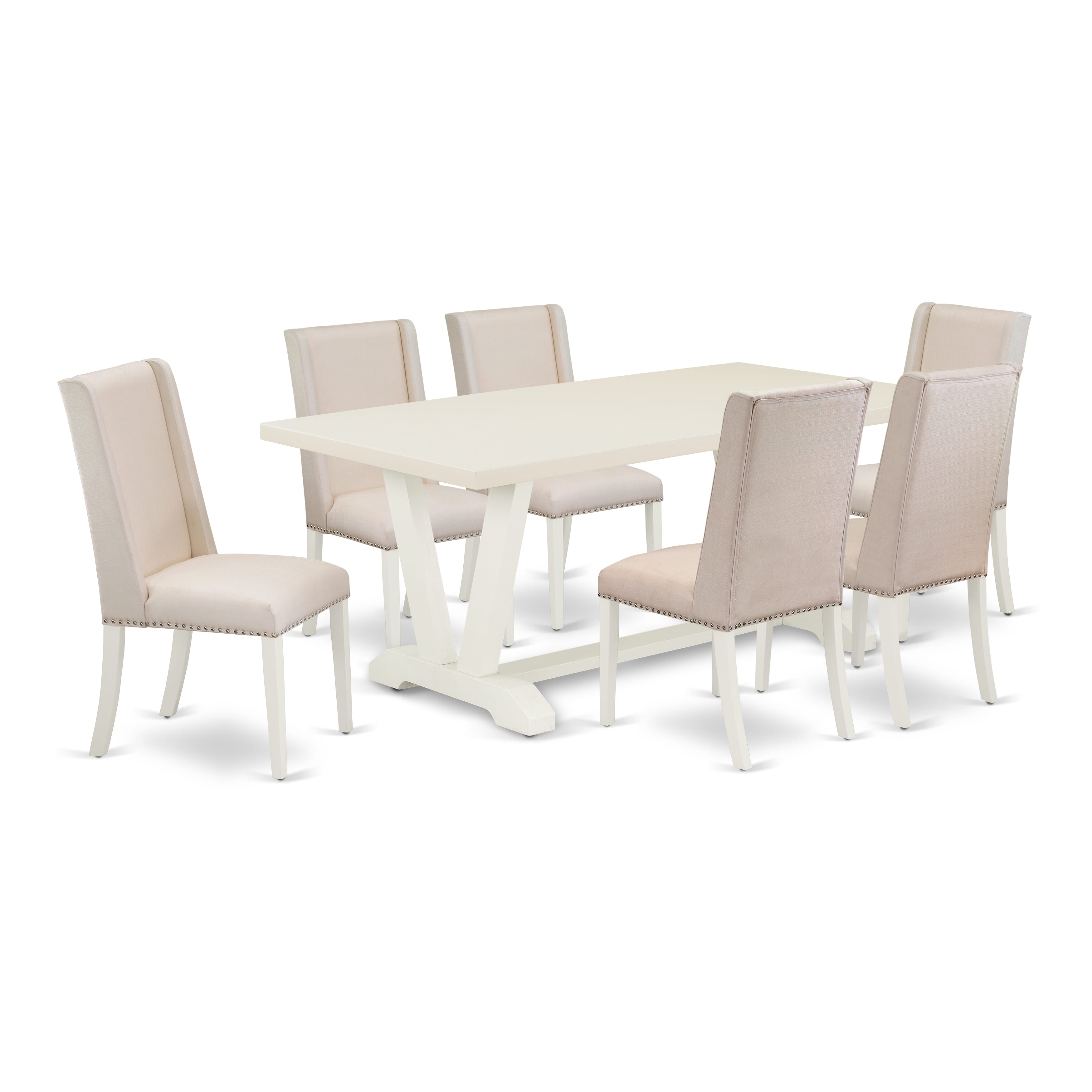 East West Furniture V027FL201-7 7-Piece Dining Room Table Set with Dining Table and 6 Linen Fabric Dining Chairs (linen white Finish)