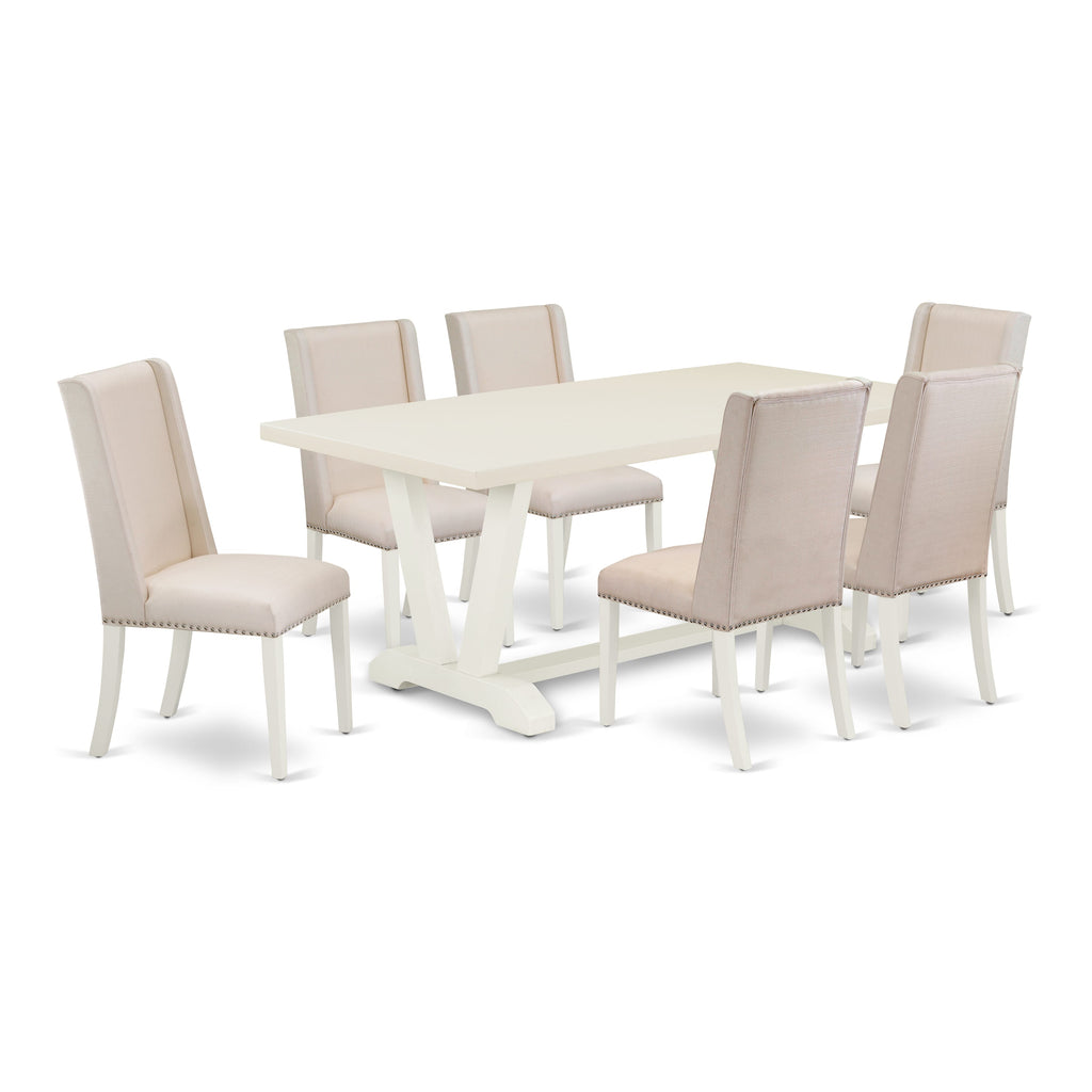 Juego de mesa de comedor East West Furniture V027FL201-7 de 7 piezas compuesto por una mesa de cocina rectangular con patas en V y 6 sillas de comedor Parson de tela de lino color crema.