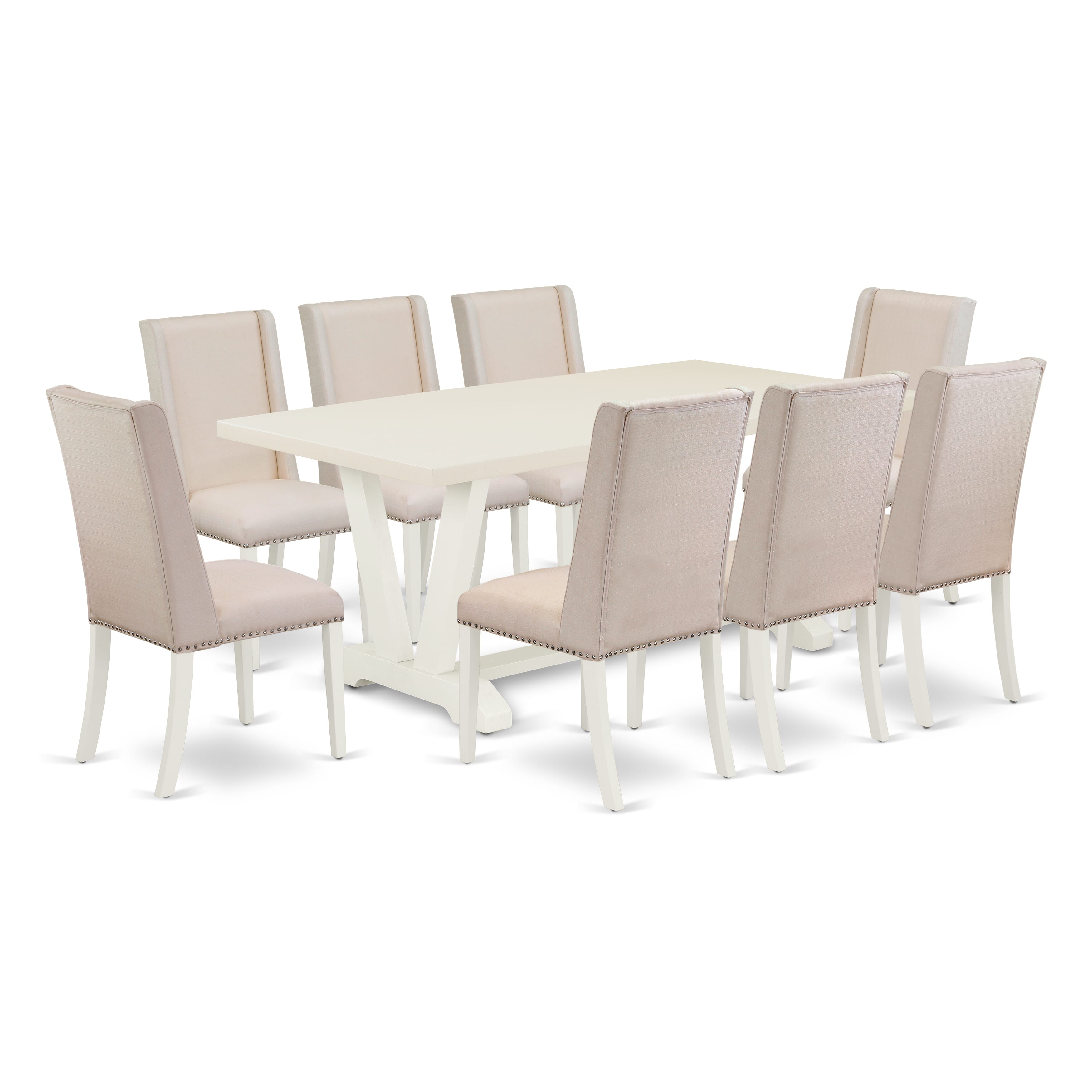 Juego de mesa de comedor de 9 piezas East West Furniture V027FL201-9. Incluye una mesa de comedor rectangular con patas en V y 8 sillas Parson tapizadas en tela de lino color crema.