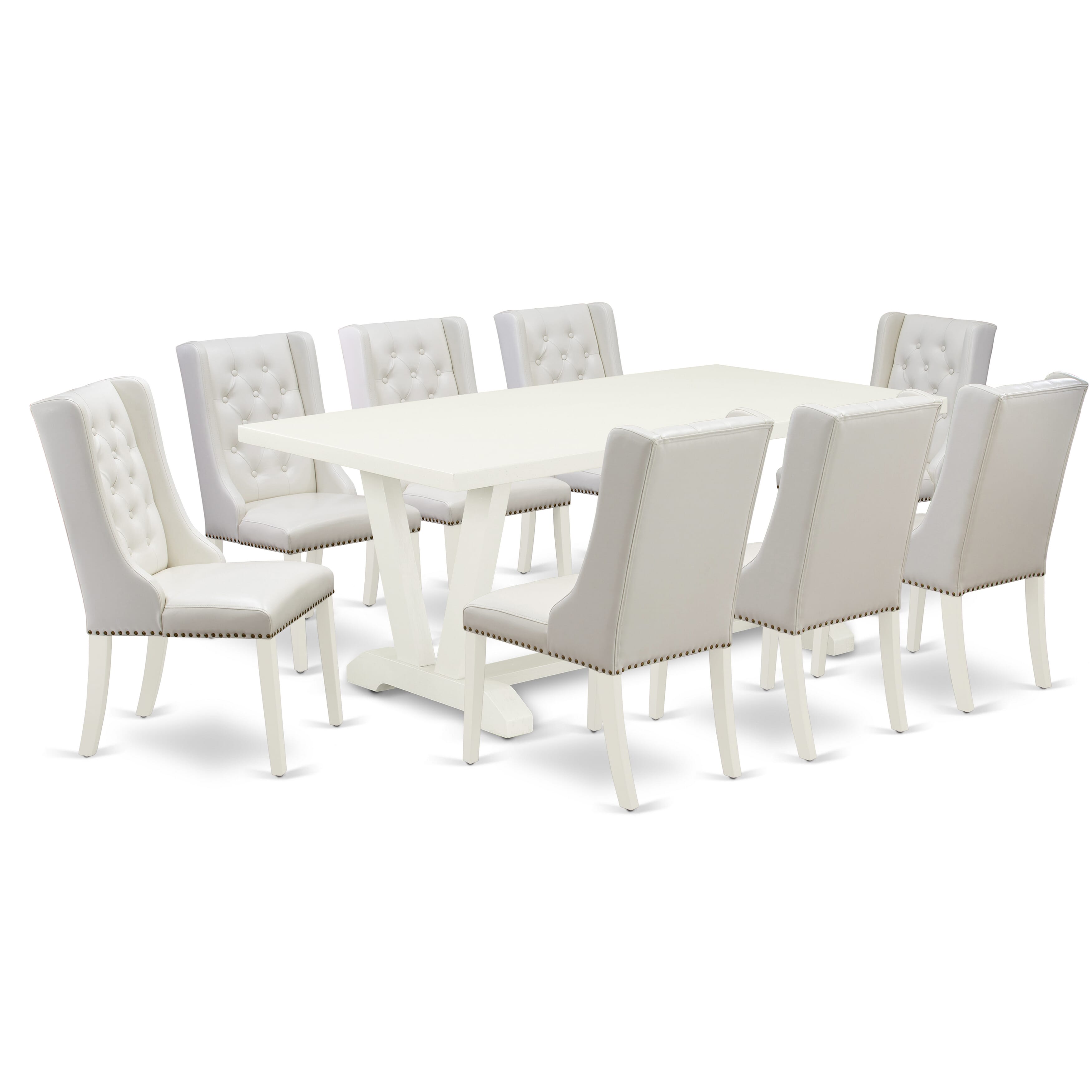 East West Furniture V027FO244-9 9-Pc Dining Room Table Set Consists of 8 Pu faux Leather Dining Chairs Button Tufted with Nail Heads and Wood Dining Table - linen white Finish
