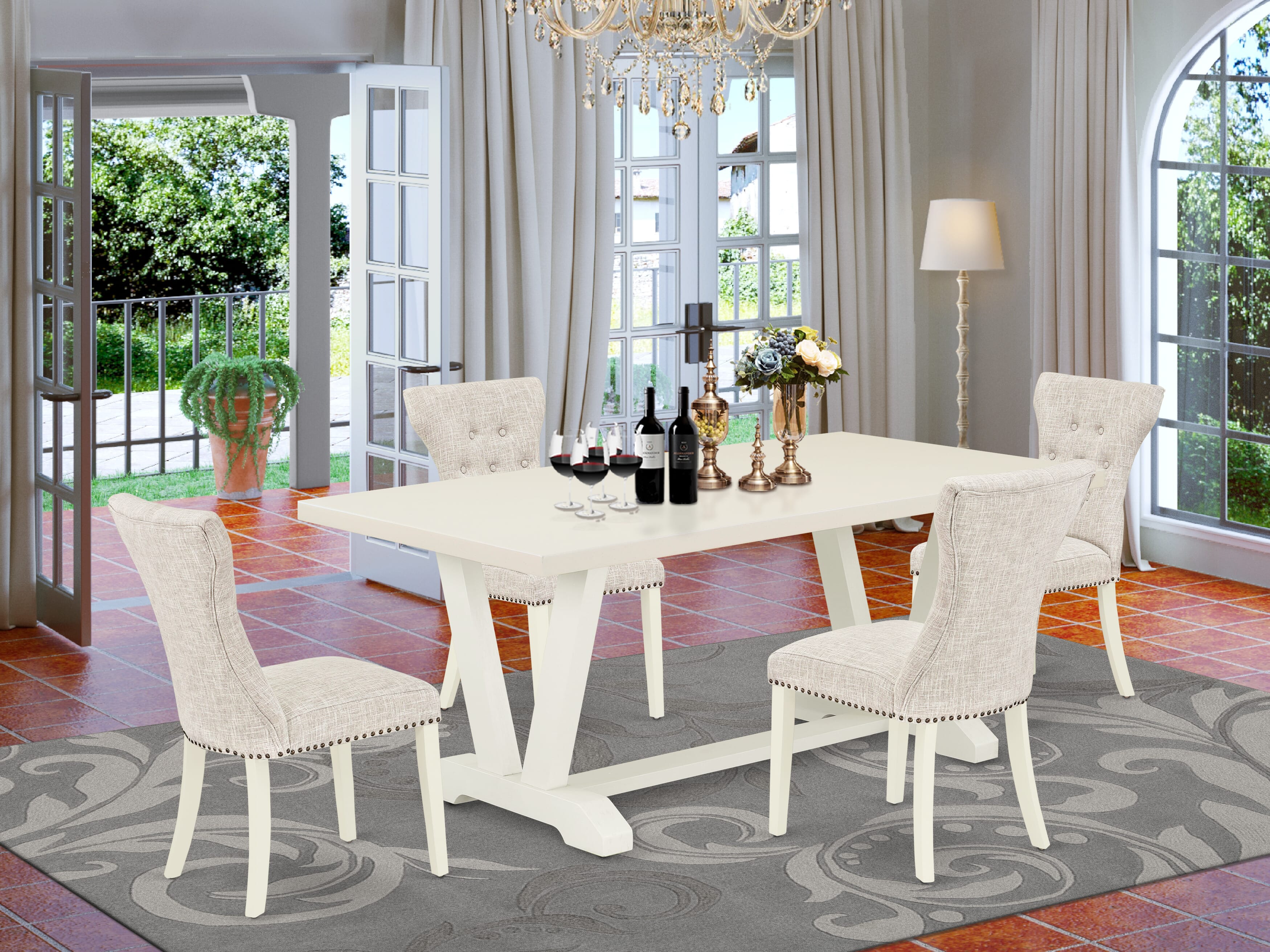 Juego de comedor de 5 piezas East West Furniture V027GA235-5. Incluye una mesa de comedor rectangular con patas en V y 4 sillas Parson tapizadas en tela de lino y piel de venado.
