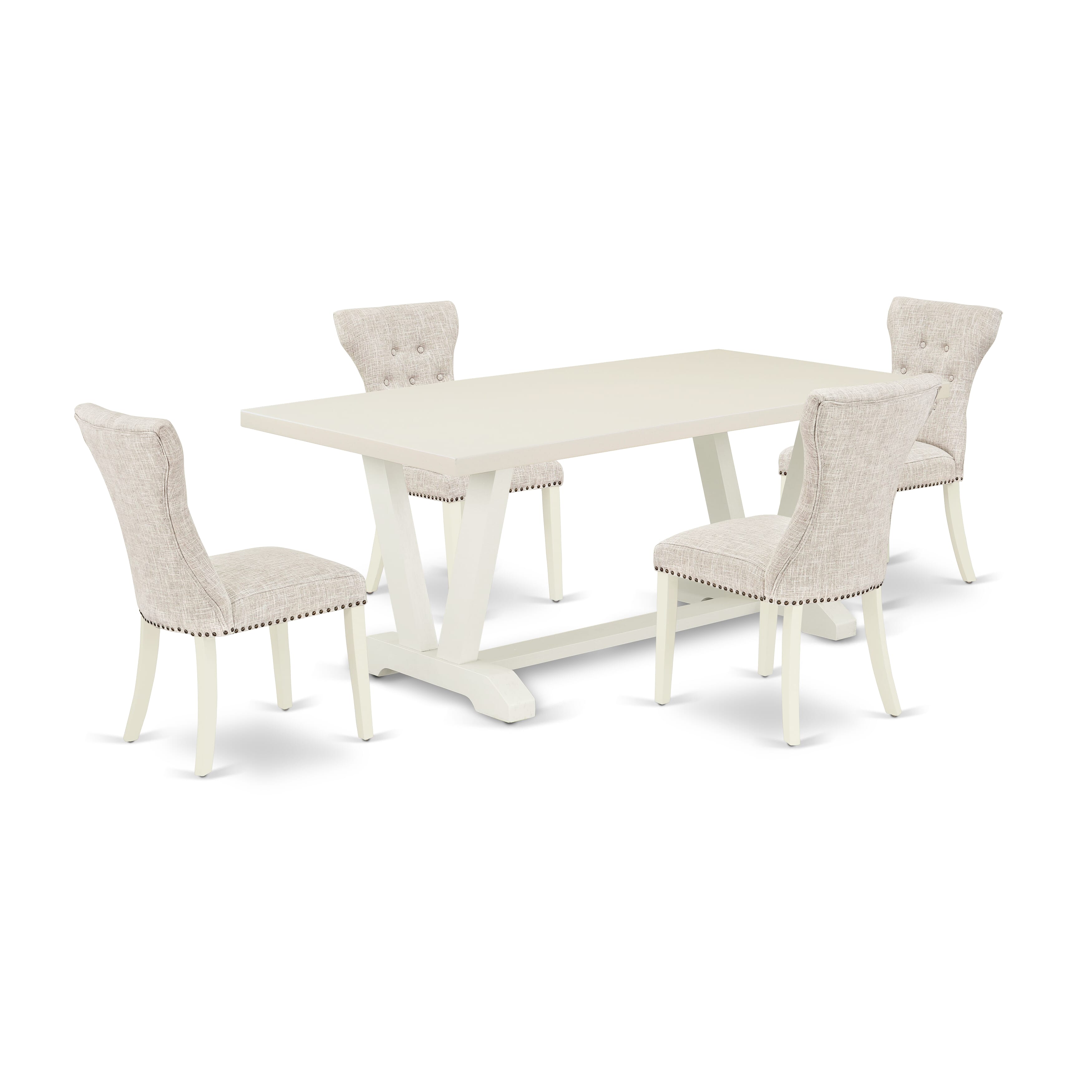 Juego de comedor de 5 piezas East West Furniture V027GA235-5. Incluye una mesa de comedor rectangular con patas en V y 4 sillas Parson tapizadas en tela de lino y piel de venado.