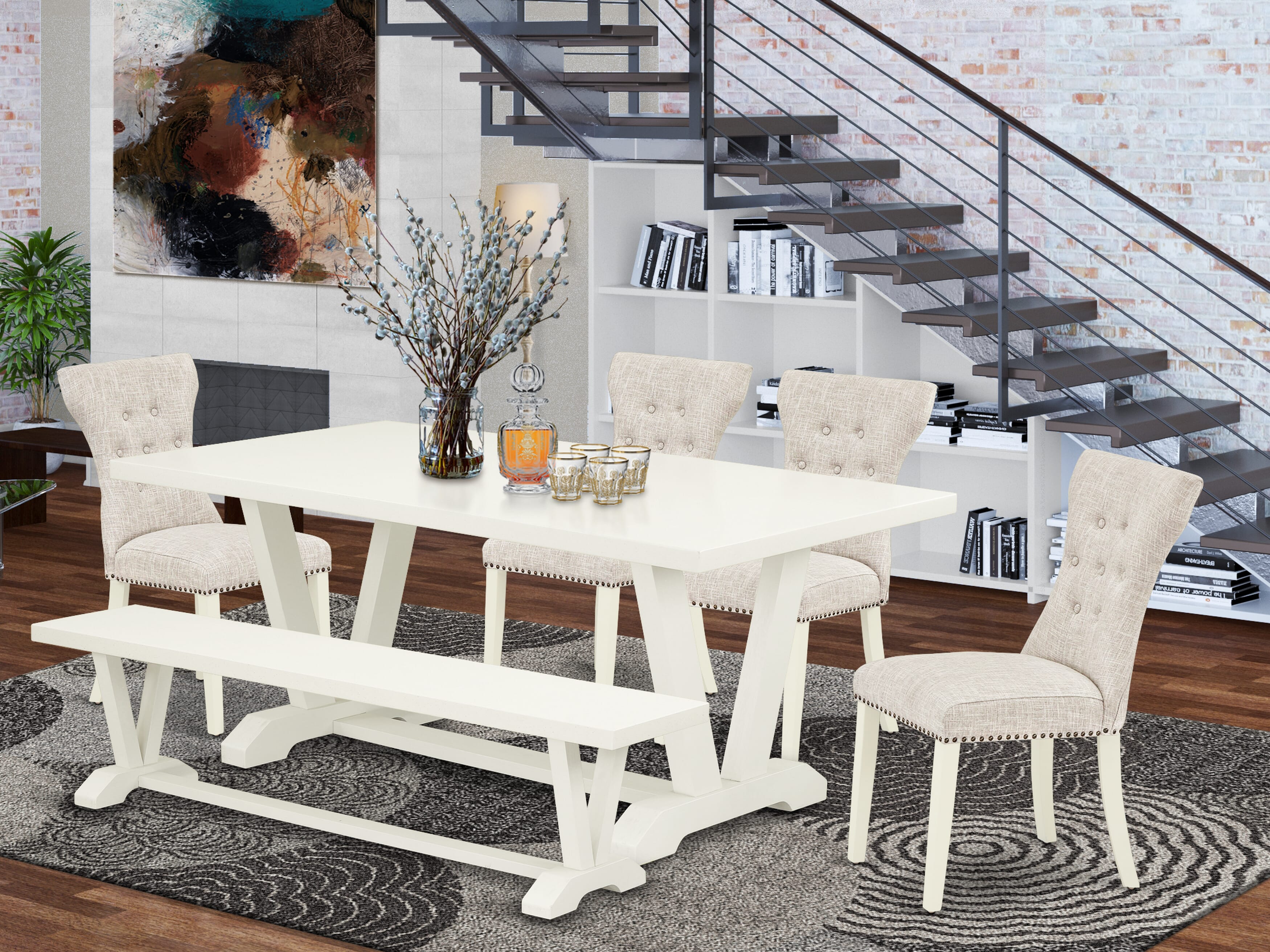 East West Furniture V027GA235-6 6-Pc Dining Room Table Set- 4 Parson Dining Chairs with Doeskin Linen Fabric Seat and Button Tufted Chair Back - Rectangular top & Wooden Legs Dining Table and Wooden Dining Bench (linen white Finish)