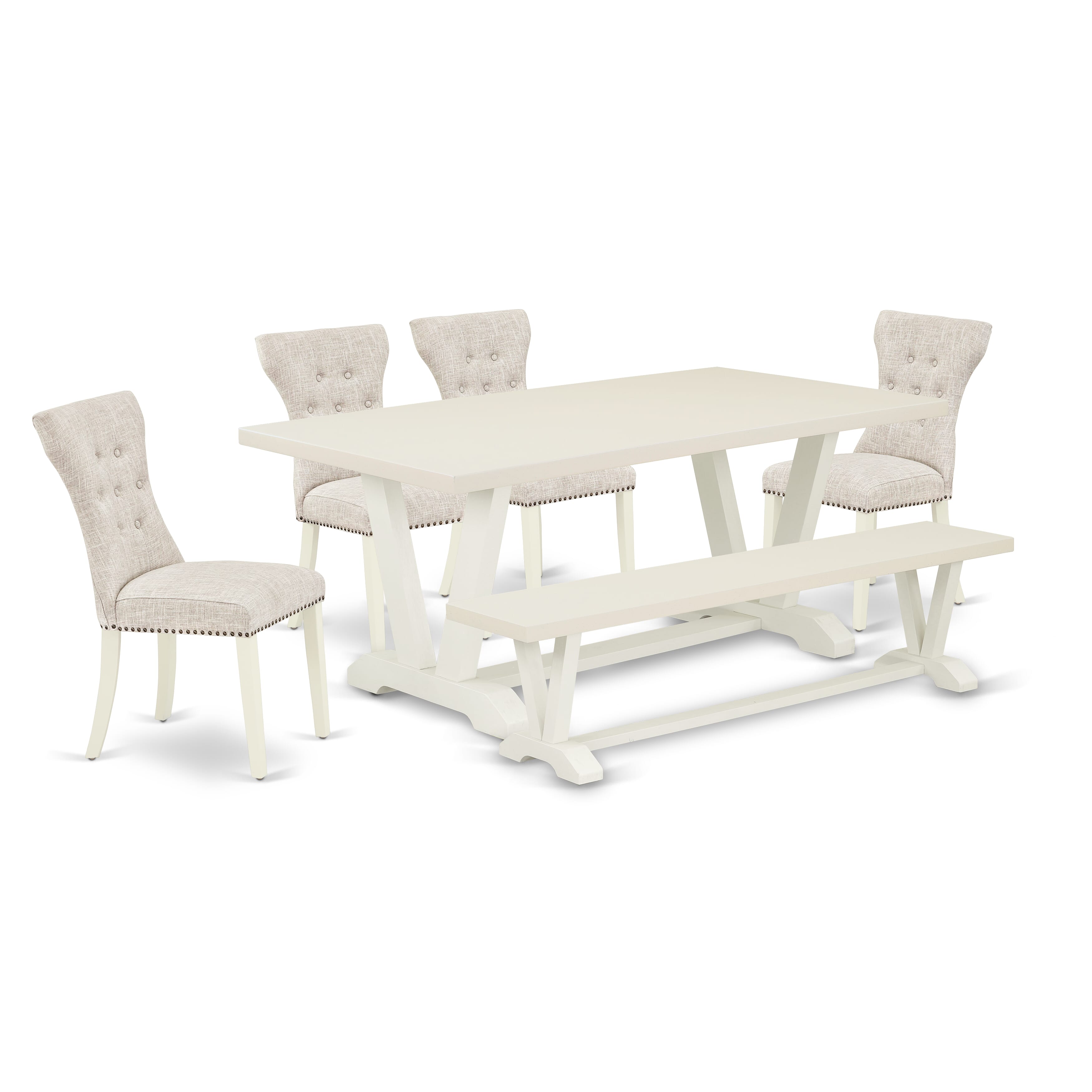 East West Furniture V027GA235-6 6-Pc Dining Room Table Set- 4 Parson Dining Chairs with Doeskin Linen Fabric Seat and Button Tufted Chair Back - Rectangular top & Wooden Legs Dining Table and Wooden Dining Bench (linen white Finish)