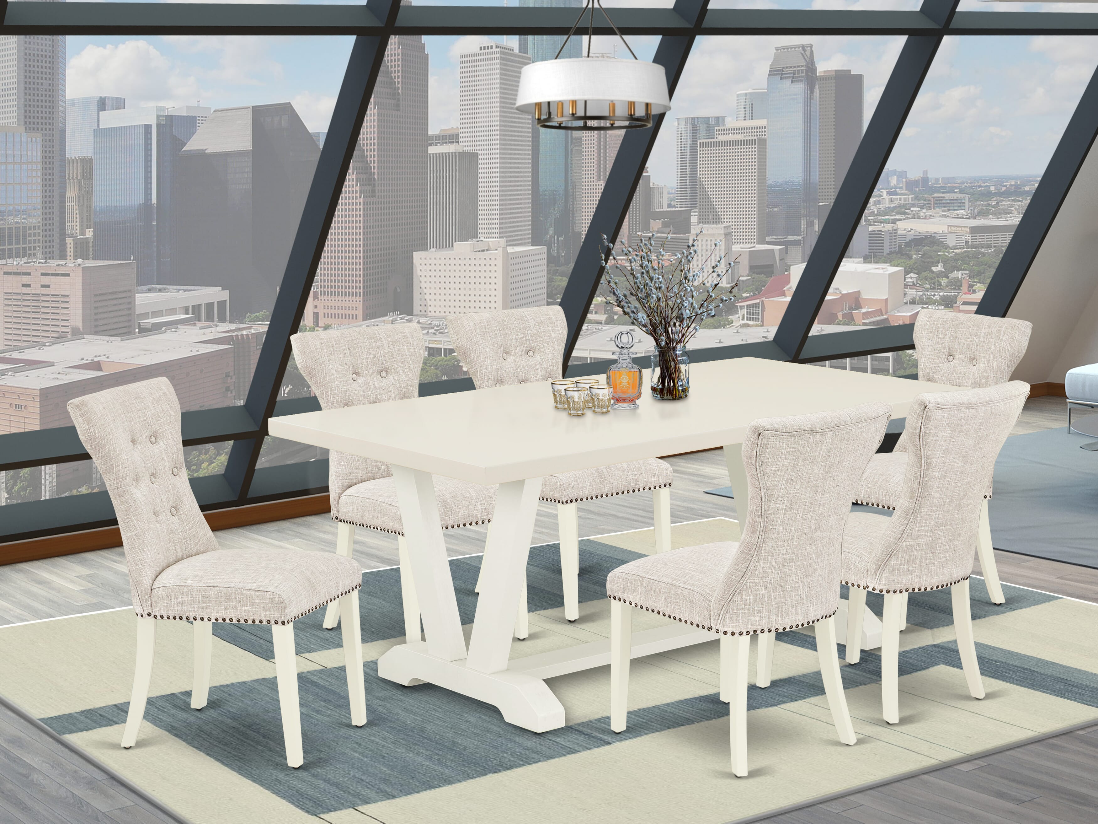East West Furniture V027GA235-7 7-Pc Dining Room Table Set- 6 Dining Chairs with Doeskin Linen Fabric Seat and Button Tufted Chair Back - Rectangular Table top & Wooden Legs (linen white Finish)