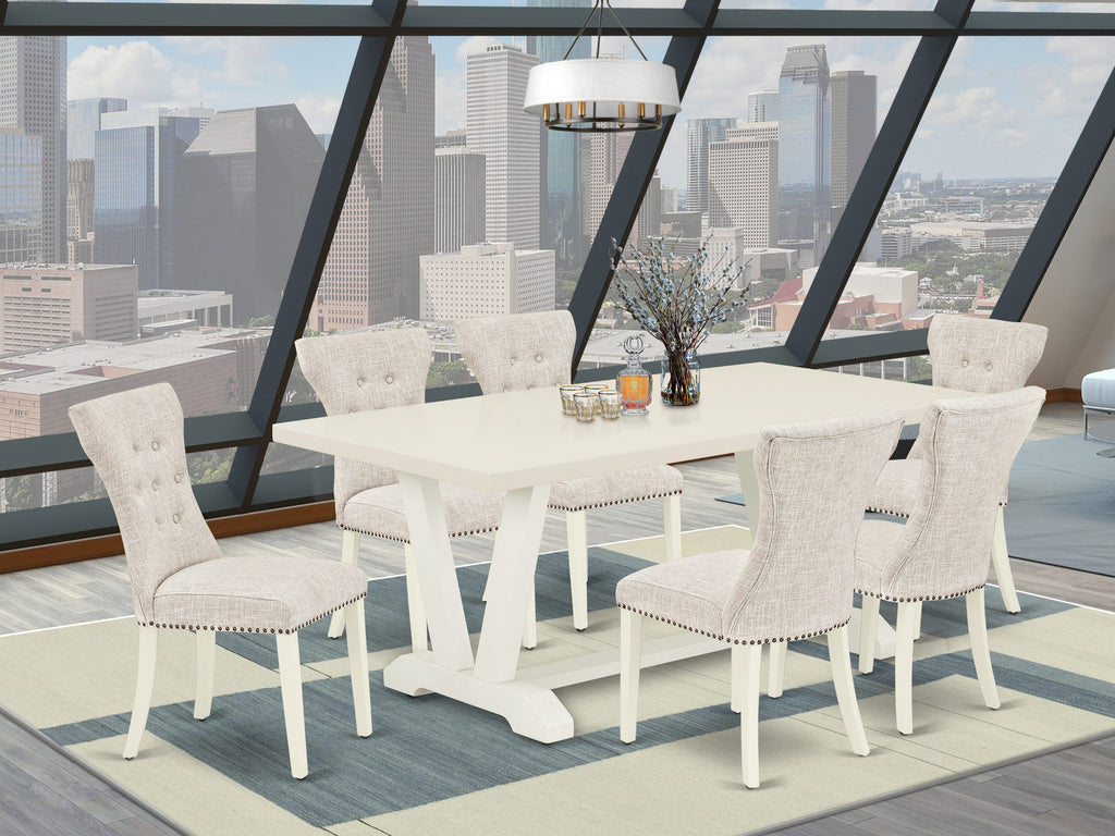 East West Furniture V027GA235-7 7 Piece Dining Table Set Consist of a Rectangle Dining Room Table with V-Legs and 6 Doeskin Linen Fabric Upholstered Chairs