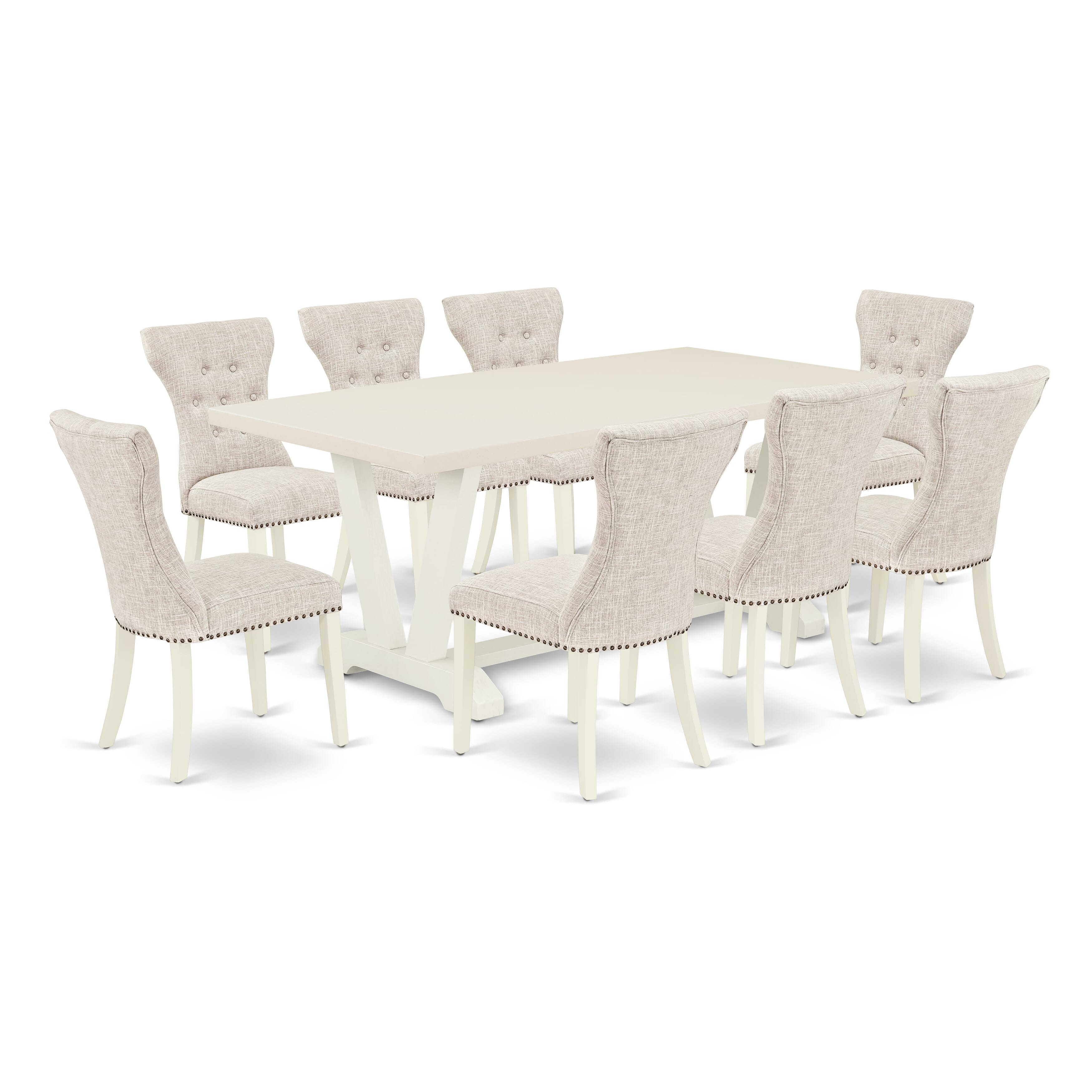 Juego de mesa de comedor de 9 piezas East West Furniture V027GA235-9. Incluye una mesa de comedor rectangular con patas en V y 8 sillas tapizadas en tela de lino y piel de venado.