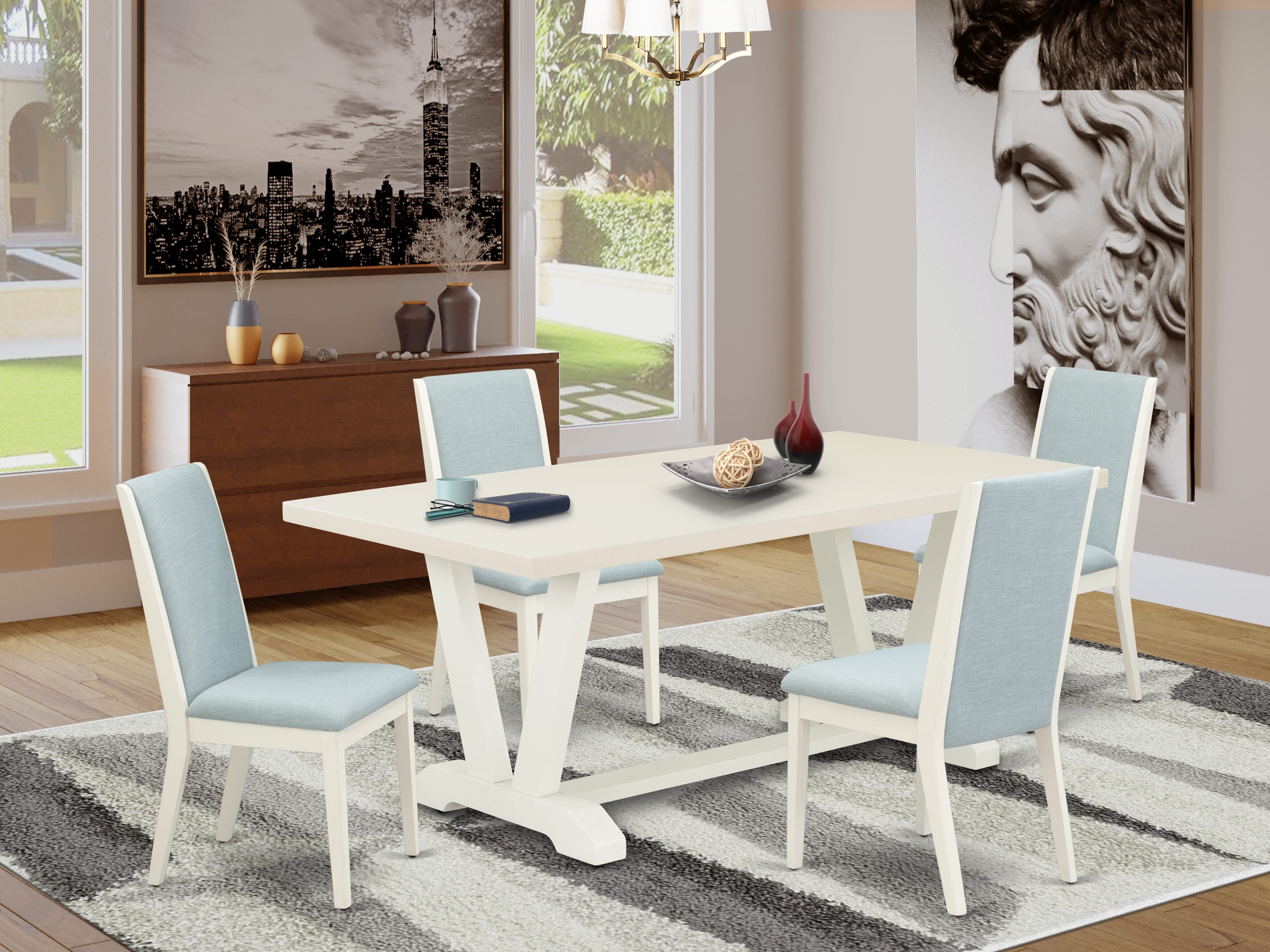 El juego de mesa de comedor de 5 piezas East West Furniture V027LA015-5 incluye una mesa de cocina rectangular con patas en V y 4 sillas de comedor Parson de tela de lino azul bebé.