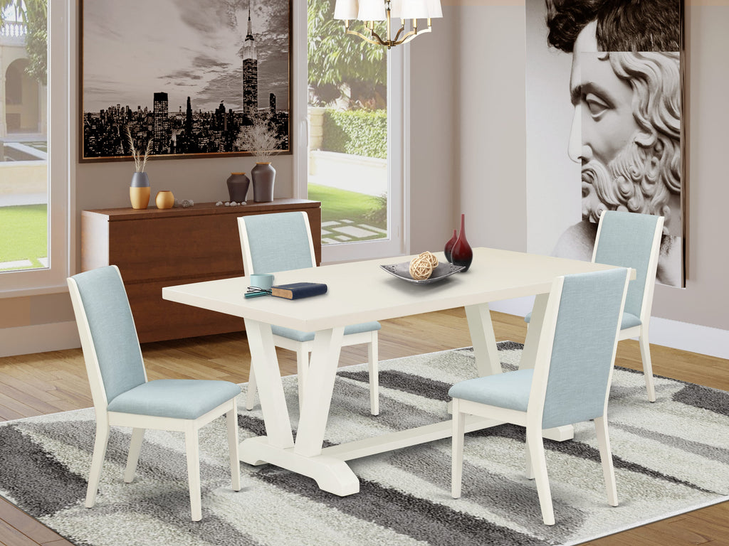 El juego de mesa de comedor de 5 piezas East West Furniture V027LA015-5 incluye una mesa de cocina rectangular con patas en V y 4 sillas de comedor Parson de tela de lino azul bebé.