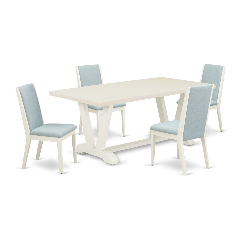 El juego de mesa de comedor de 5 piezas East West Furniture V027LA015-5 incluye una mesa de cocina rectangular con patas en V y 4 sillas de comedor Parson de tela de lino azul bebé.