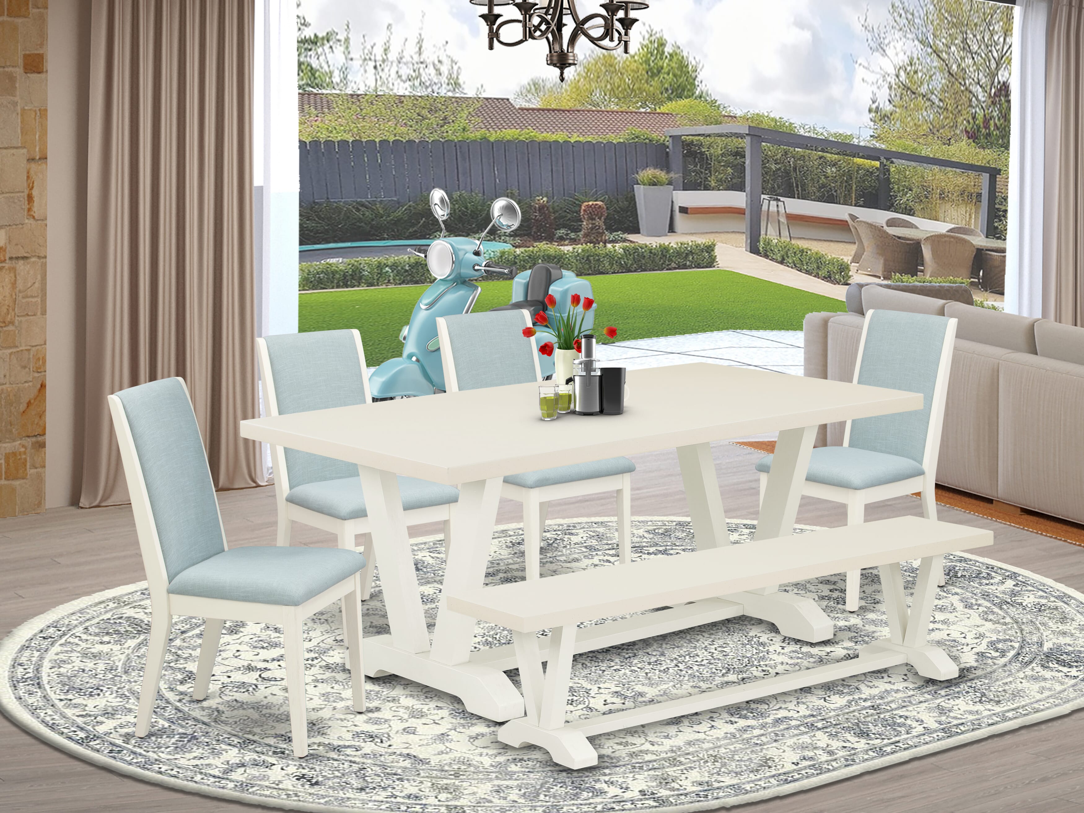 East West Furniture V027LA015-6 6Pc Dining Set Offers a Dining Room Table, 4 Parson Dining Chairs with Baby Blue Color Linen Fabric and a Bench, Medium Size Table with Full Back Chairs, Wirebrushed Linen White Finish