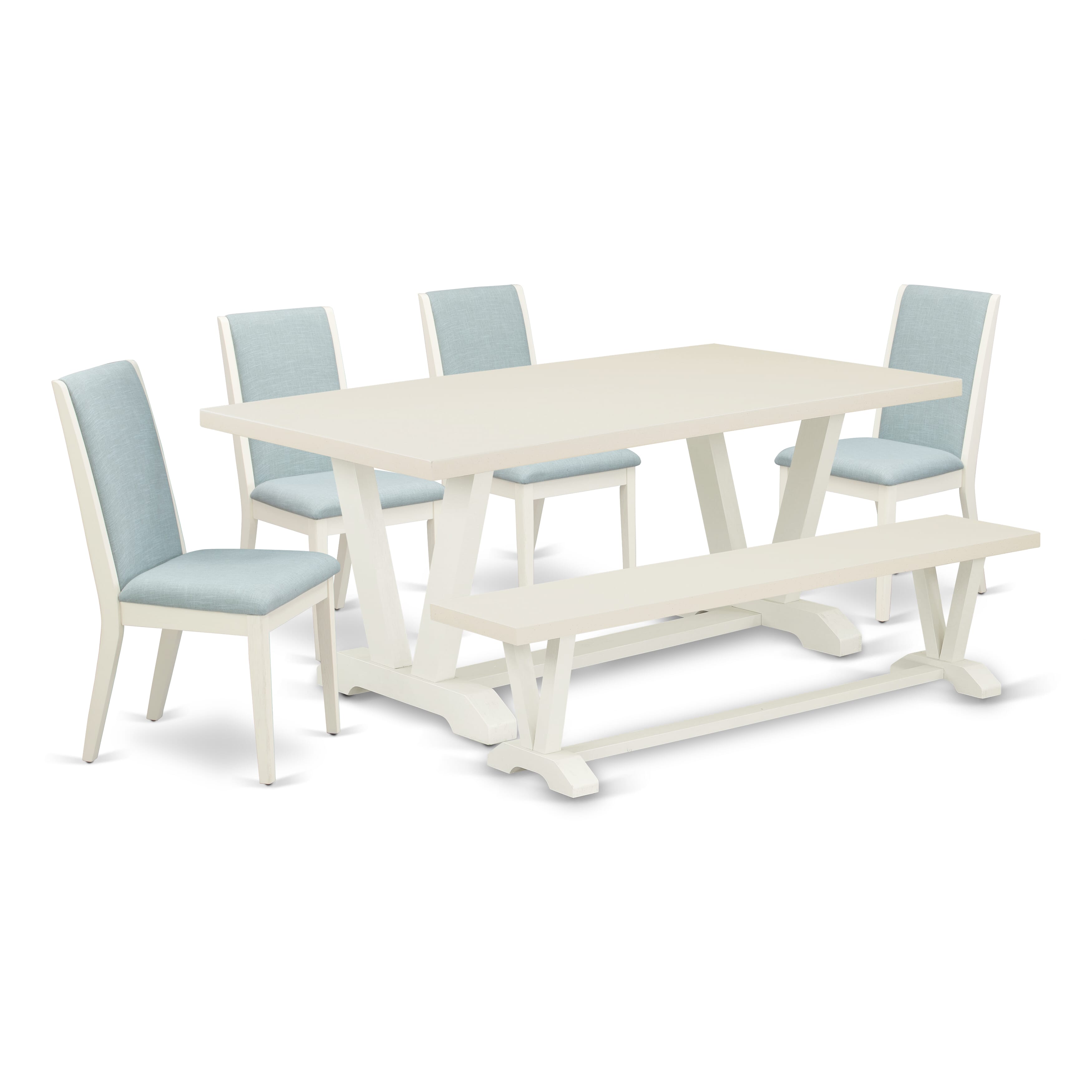 East West Furniture V027LA015-6 6Pc Dining Set Offers a Dining Room Table, 4 Parson Dining Chairs with Baby Blue Color Linen Fabric and a Bench, Medium Size Table with Full Back Chairs, Wirebrushed Linen White Finish