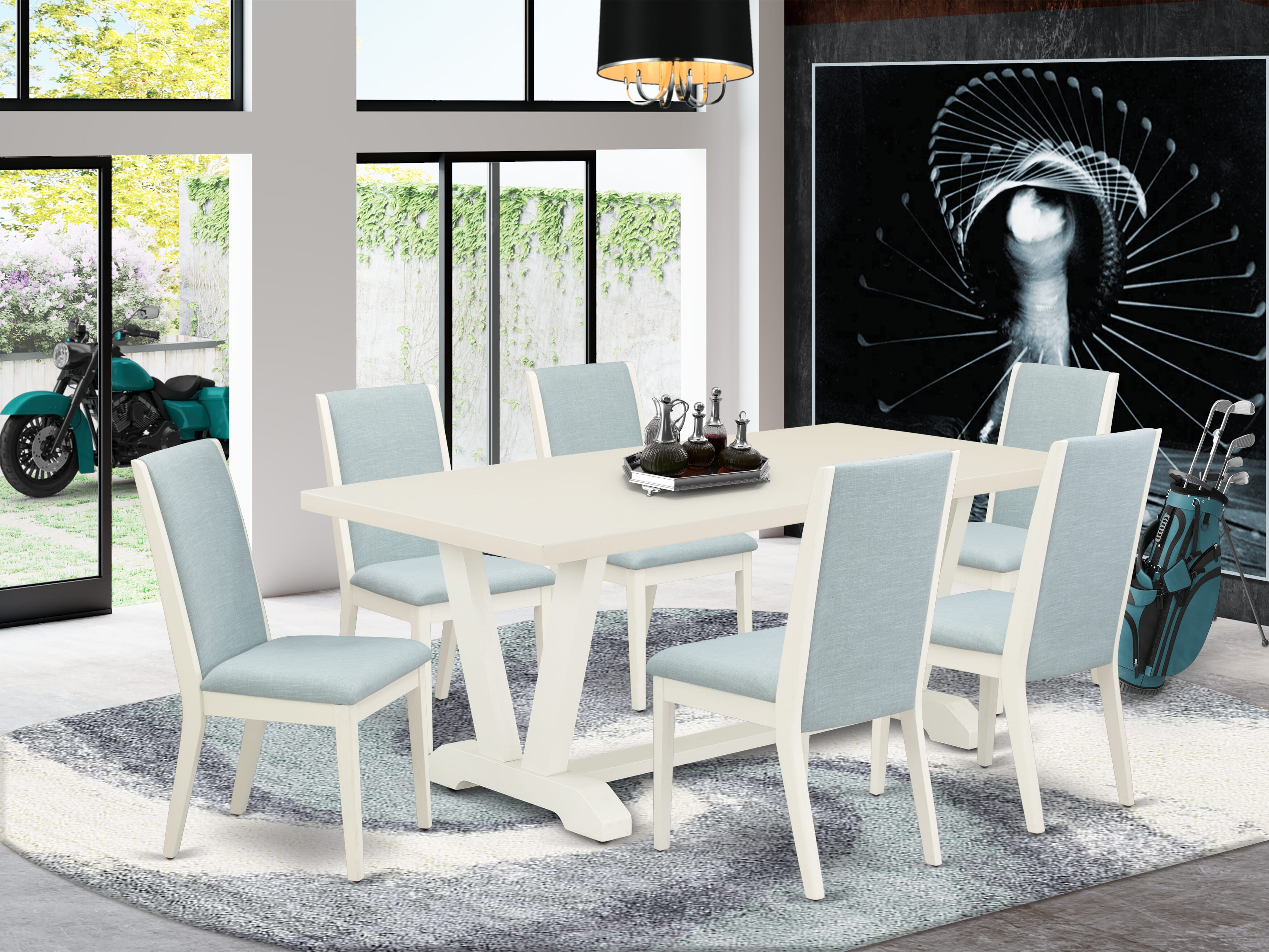 Juego de mesa de comedor de 7 piezas East West Furniture V027LA015-7 compuesto por una mesa de comedor rectangular con patas en V y 6 sillas Parsons de tela de lino azul bebé.