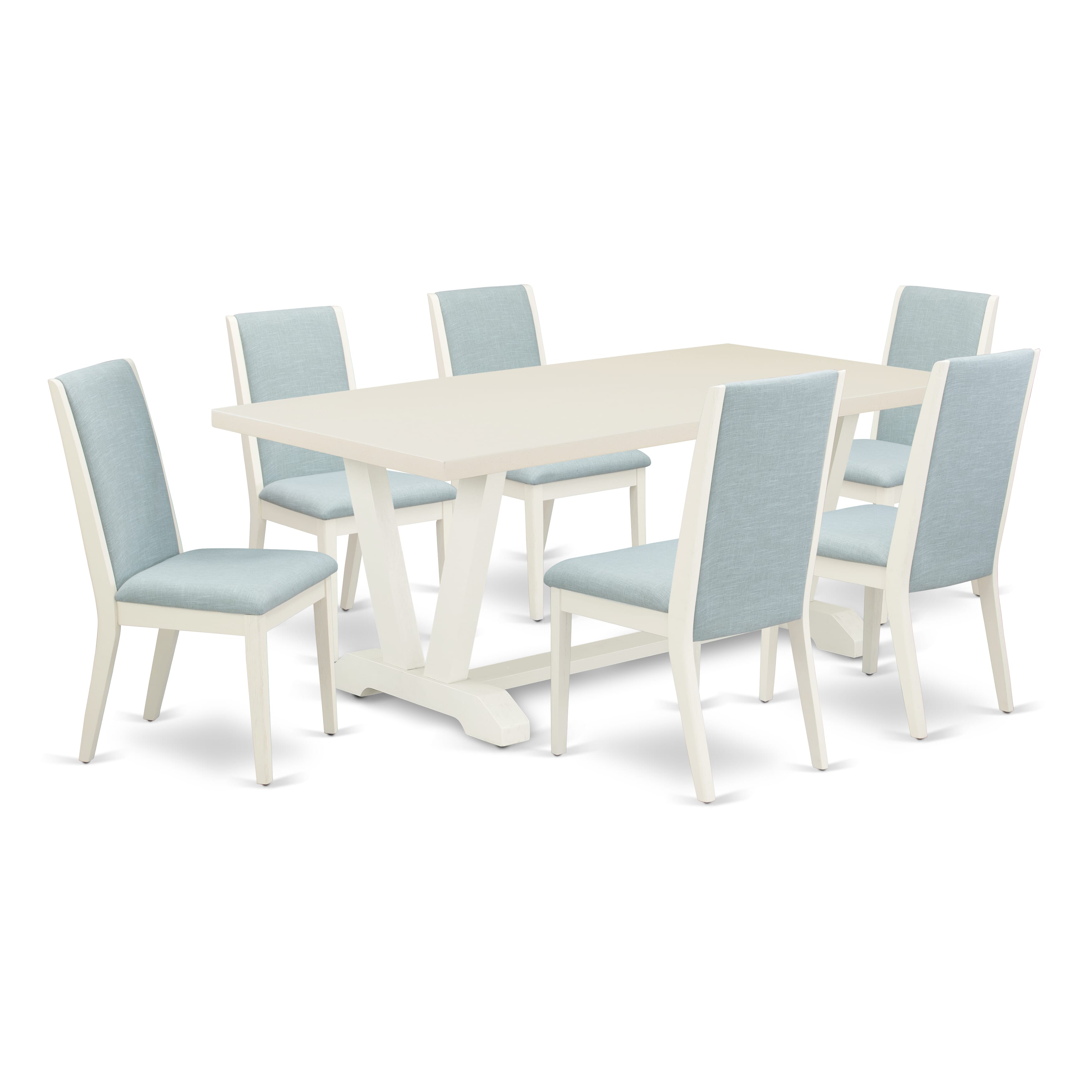 Juego de mesa de comedor de 7 piezas East West Furniture V027LA015-7 compuesto por una mesa de comedor rectangular con patas en V y 6 sillas Parsons de tela de lino azul bebé.