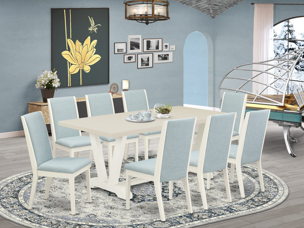 Juego de comedor East West Furniture V027LA015-9 de 9 piezas. Incluye una mesa de comedor rectangular con patas en V y 8 sillas Parson tapizadas en tela de lino azul bebé.