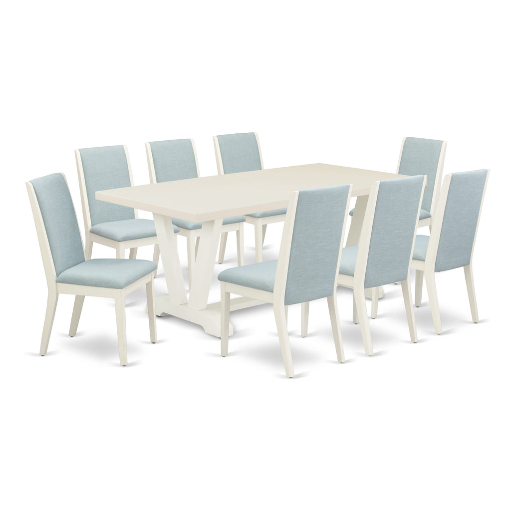 Juego de comedor East West Furniture V027LA015-9 de 9 piezas. Incluye una mesa de comedor rectangular con patas en V y 8 sillas Parson tapizadas en tela de lino azul bebé.