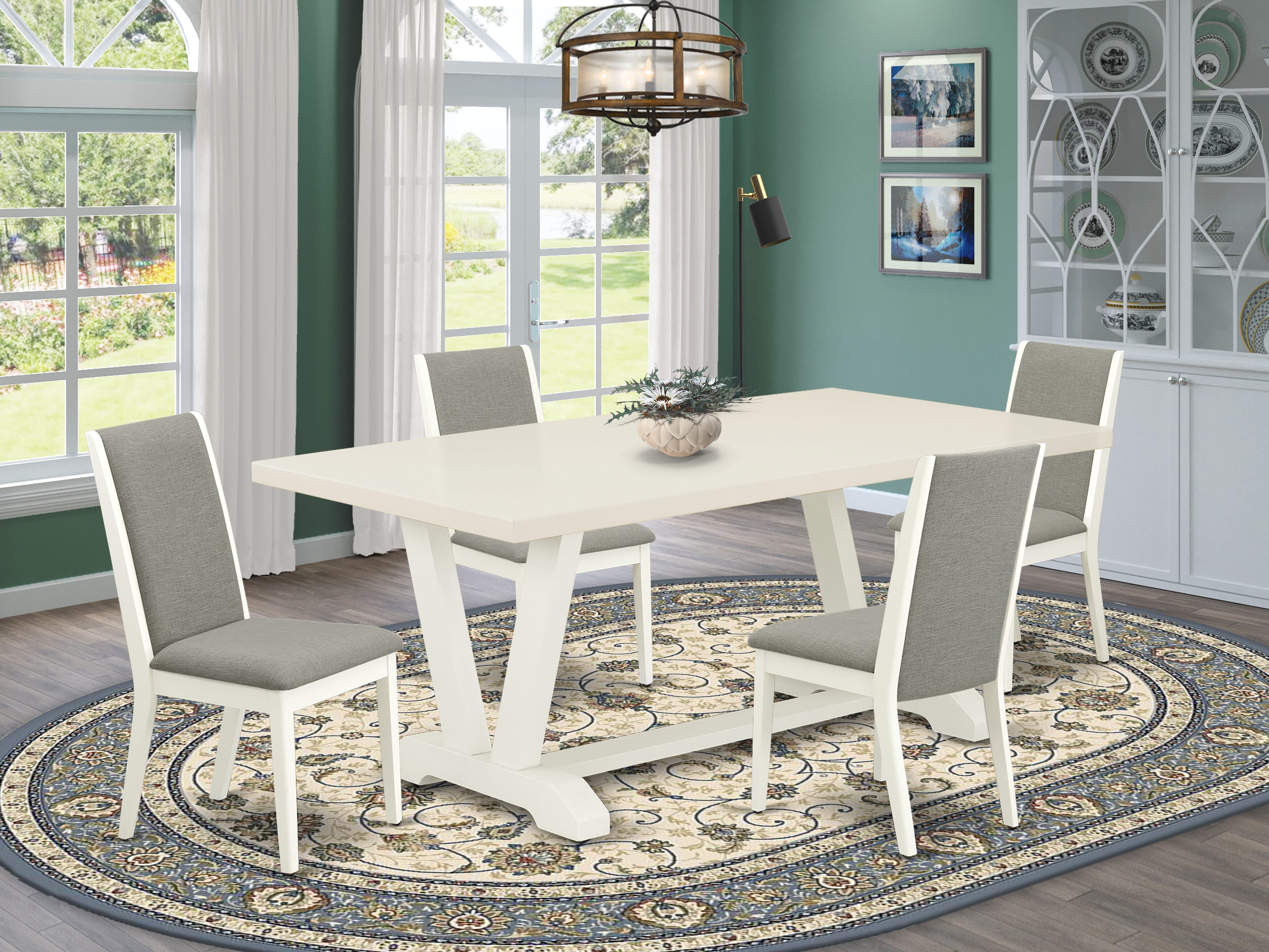 East West Furniture V027LA206-5 5-Piece Dining Set with Kitchen Rectangular Table - 4 Linen Fabrics Dining Chairs (linen white Finish)
