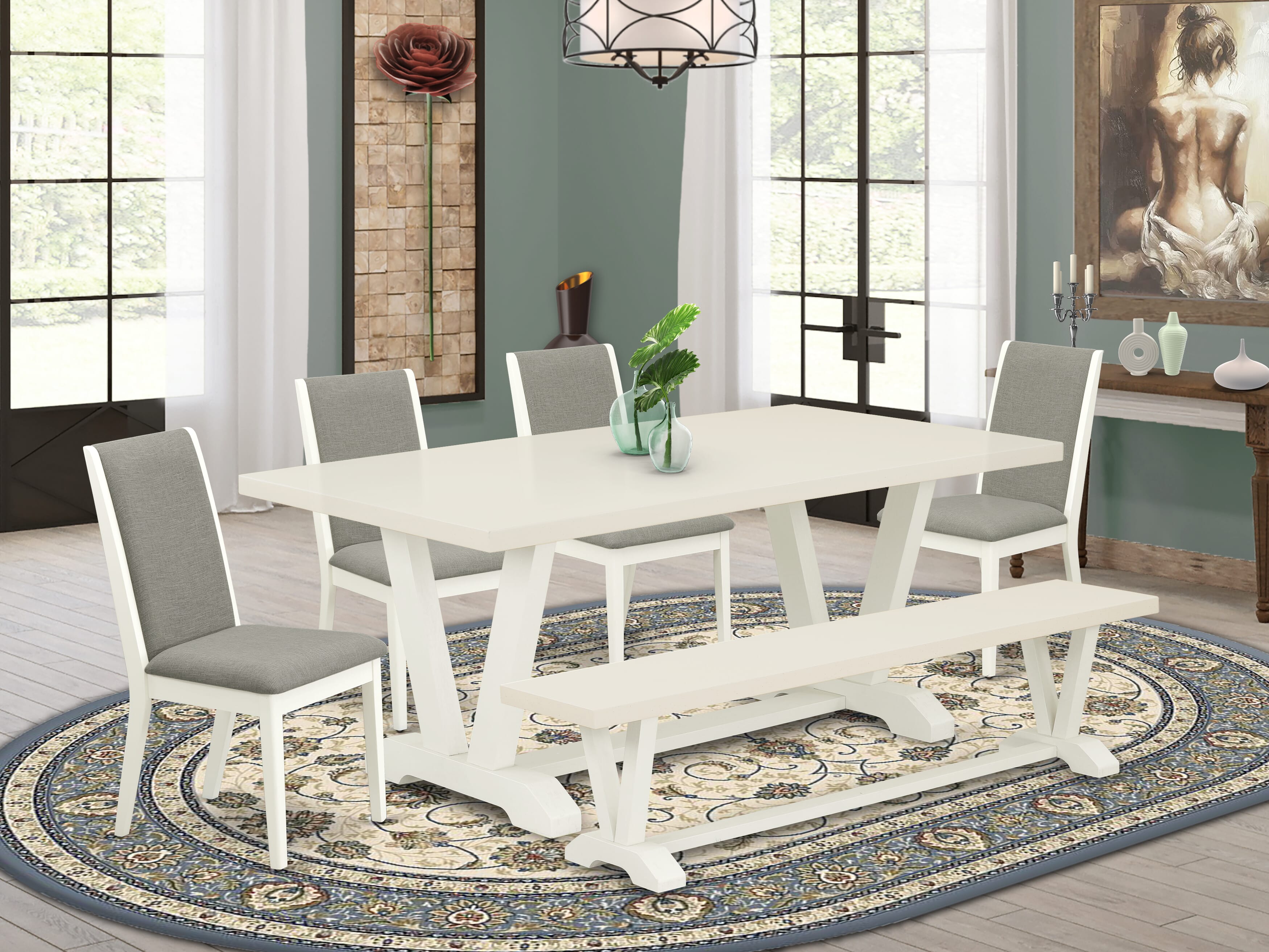 Juego de comedor de 6 piezas East West Furniture V027LA206-6. Contiene una mesa de comedor rectangular con patas en V y 4 sillas Parson de tela de lino Shitake con un banco.