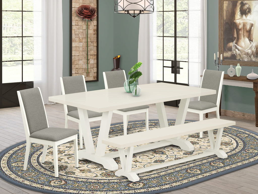 Juego de comedor de 6 piezas East West Furniture V027LA206-6. Contiene una mesa de comedor rectangular con patas en V y 4 sillas Parson de tela de lino Shitake con un banco.