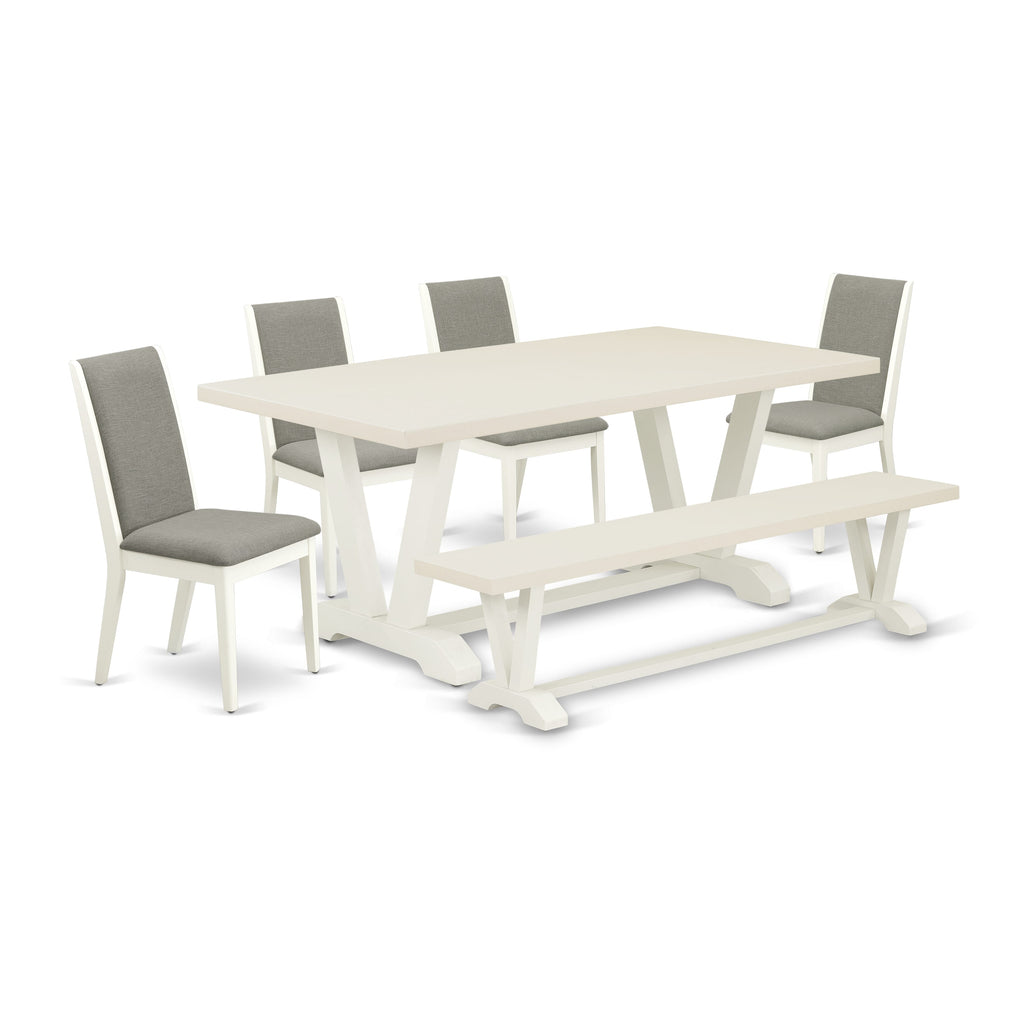 Juego de comedor de 6 piezas East West Furniture V027LA206-6. Contiene una mesa de comedor rectangular con patas en V y 4 sillas Parson de tela de lino Shitake con un banco.