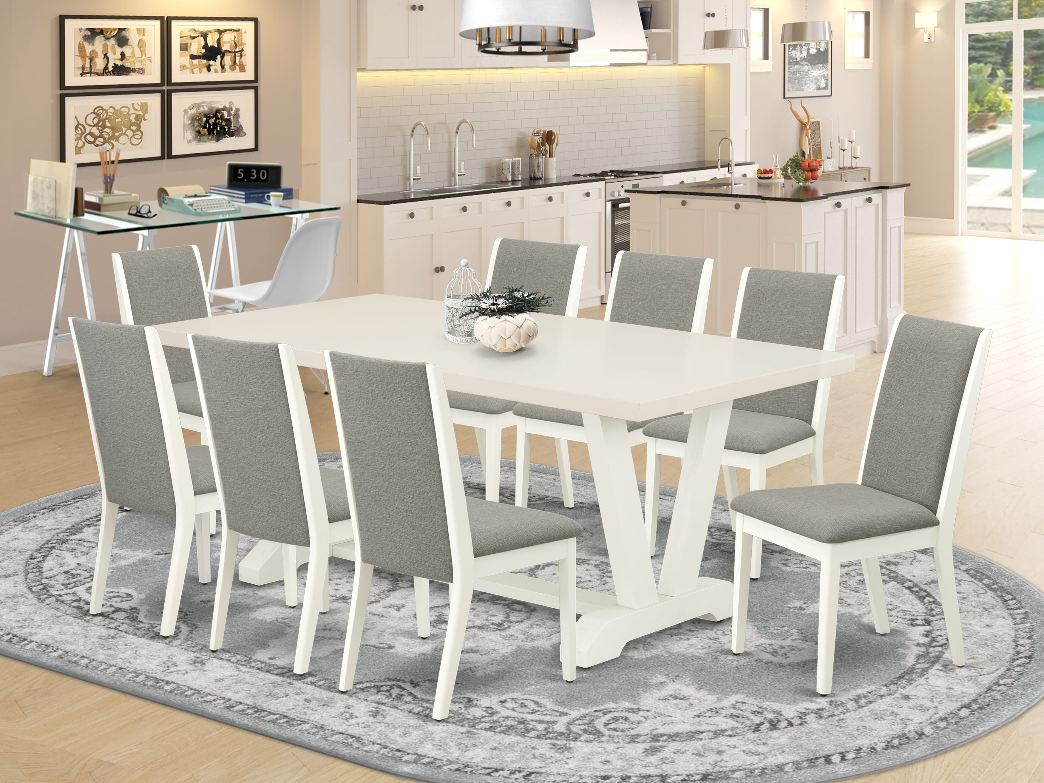 East West Furniture V027LA206-9 9-Piece Dining Table Set with Dining Table and 8 Linen Fabric dining room chairs (linen white Finish)
