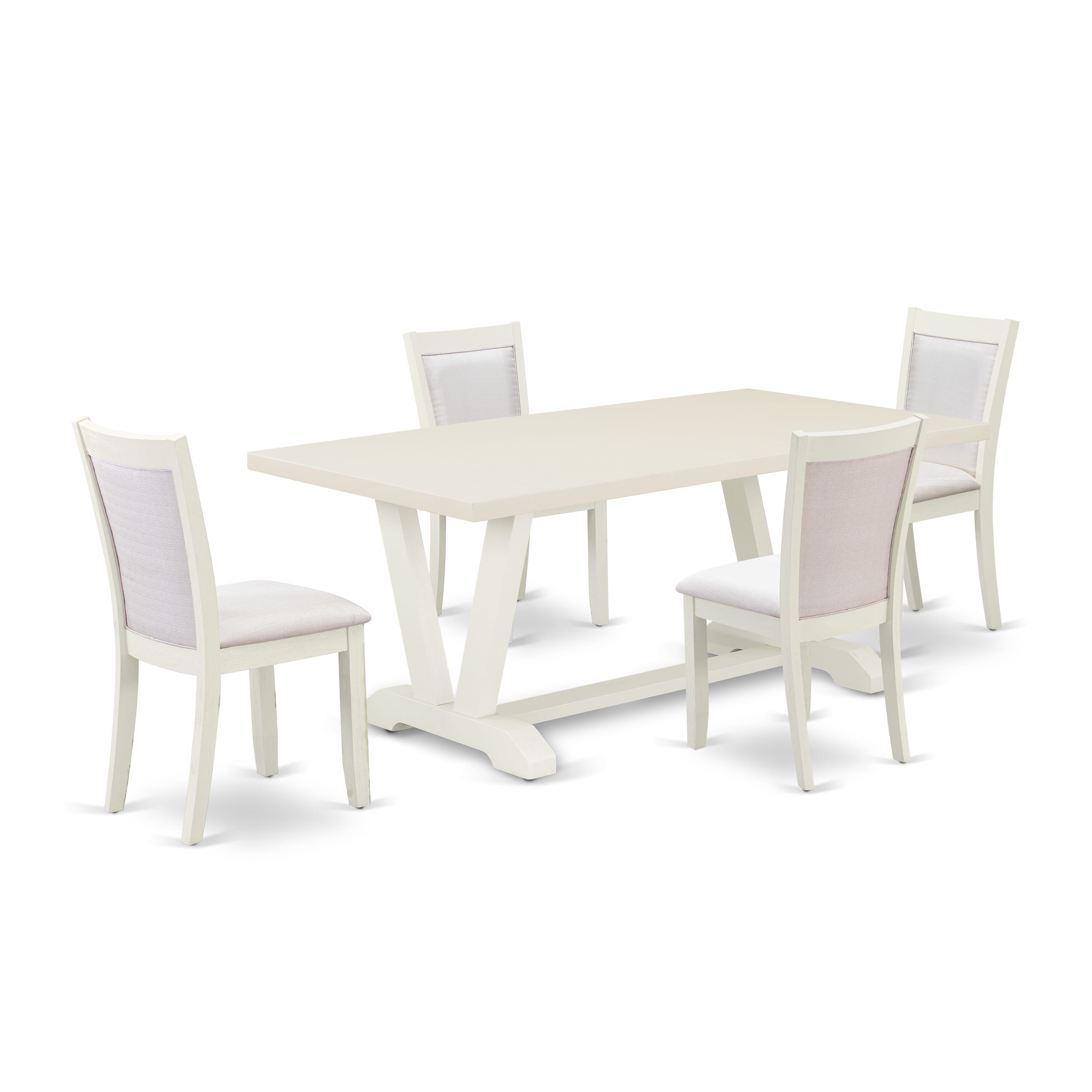 East West Furniture V027MZ001-5 5-Pc Modern Dining Set Includes a Mid Century Dining Table and 4 Cream Linen Fabric Upholstered Chairs with Stylish Back - Wire Brushed linen white Finish