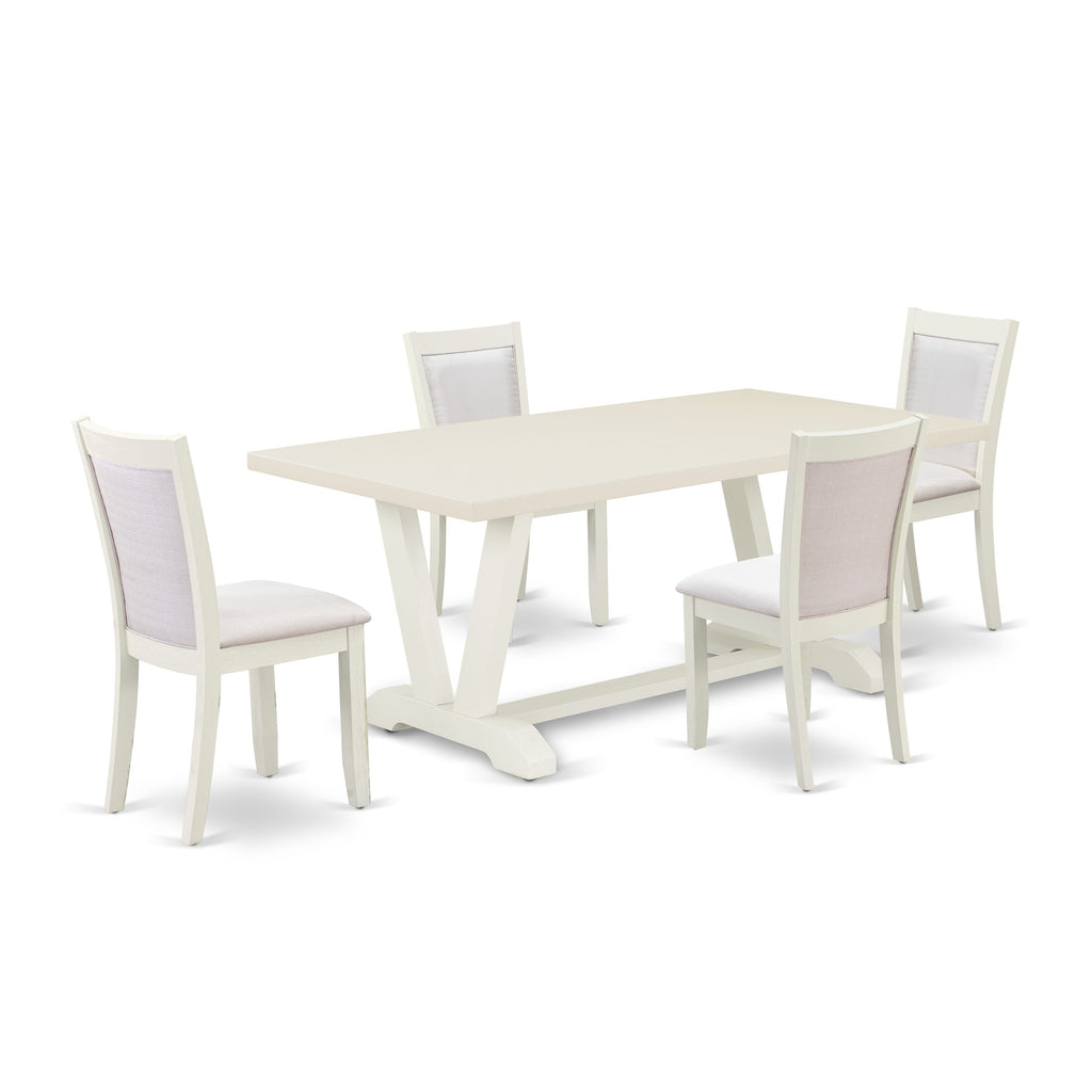 East West Furniture V027MZ001-5 5 Piece Dining Room Furniture Set Includes a Rectangle Dining Table with V-Legs and 4 Cream Linen Fabric Parsons Chairs