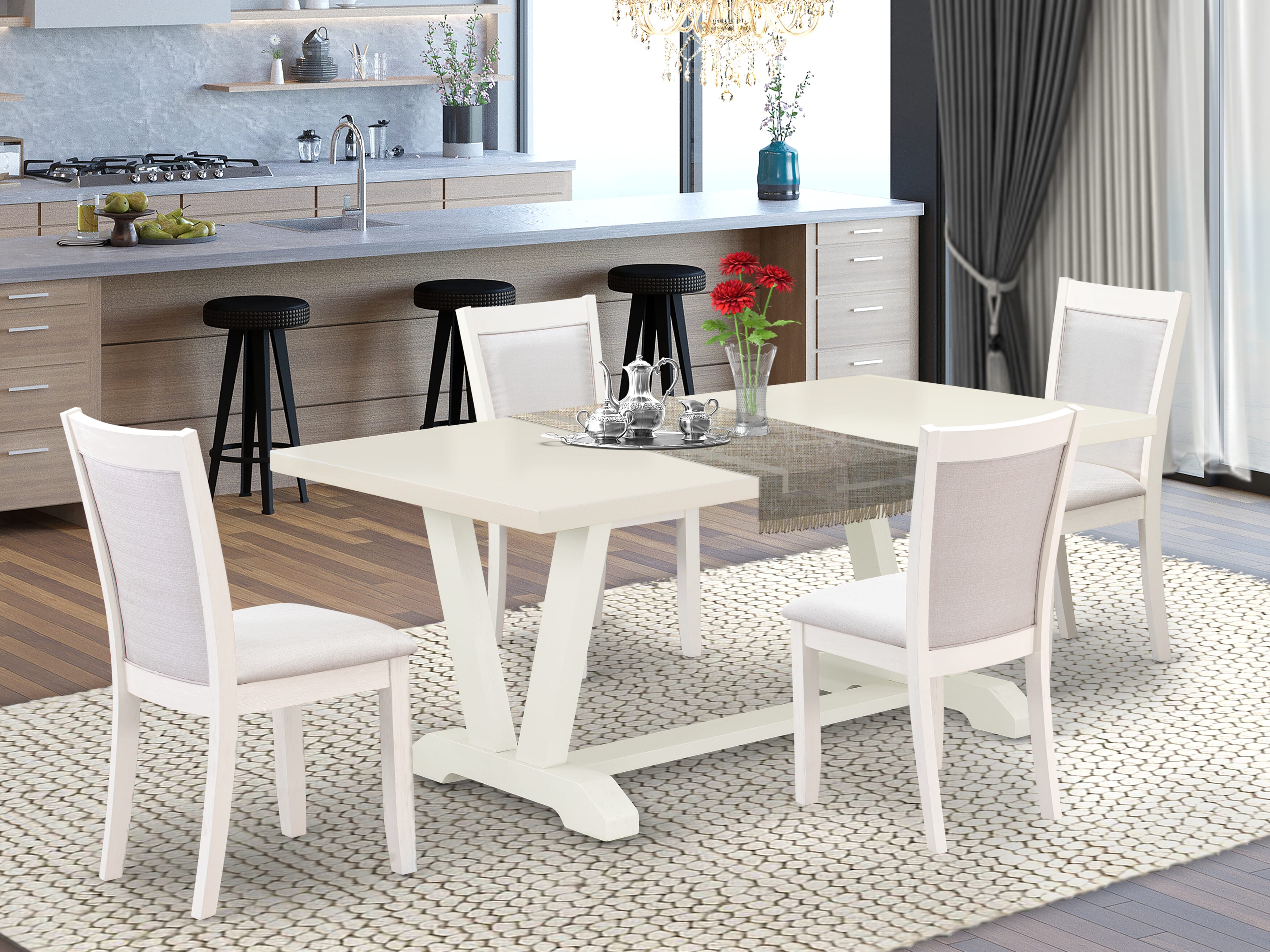East West Furniture V027MZ001-5 5-Pc Modern Dining Set Includes a Mid Century Dining Table and 4 Cream Linen Fabric Upholstered Chairs with Stylish Back - Wire Brushed linen white Finish
