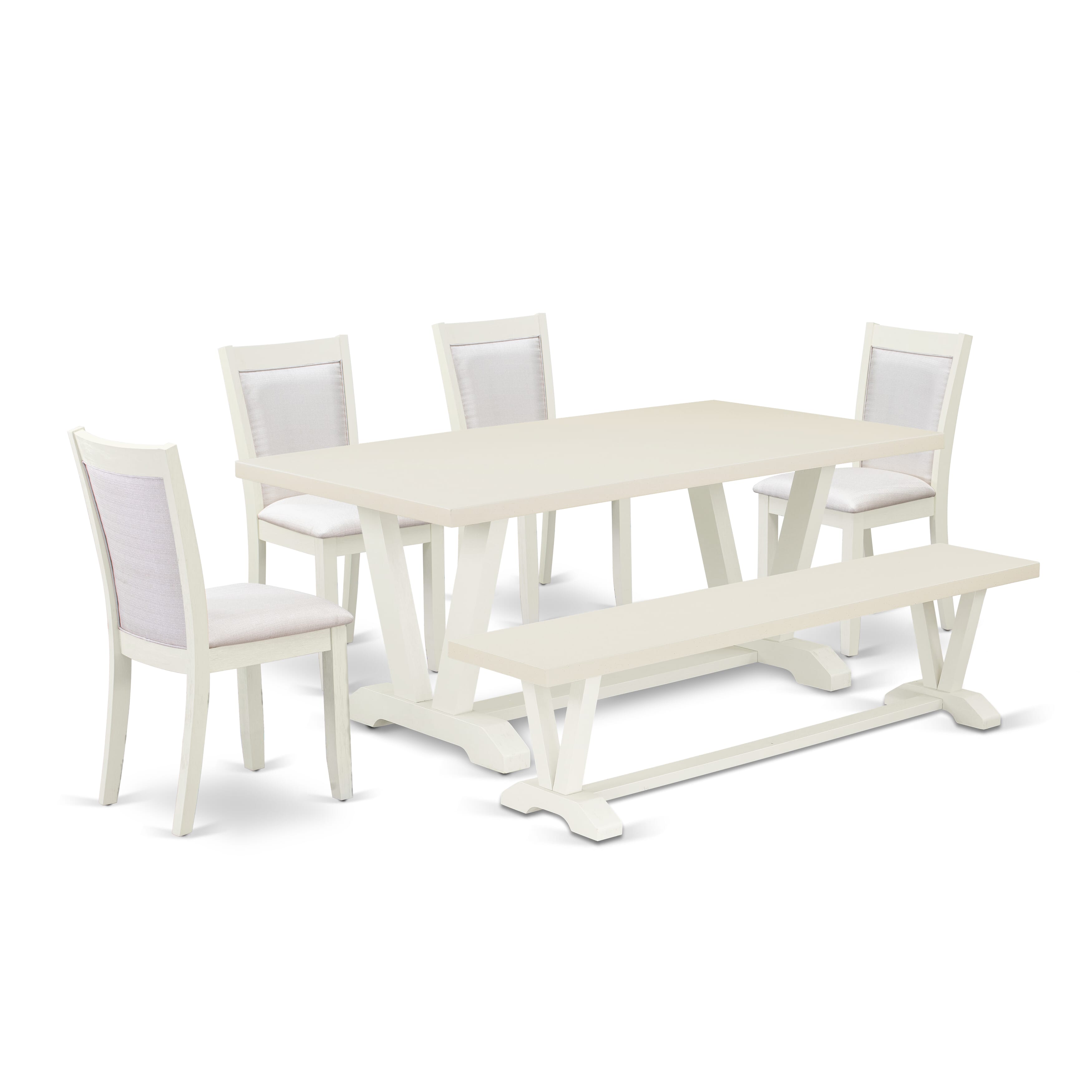 East West Furniture V027MZ001-6 6-Pc Modern Dining Set Includes a Dinner Table - 4 Cream Linen Fabric Padded Chairs with Stylish Back and a Dining Room Bench - Wire Brushed linen white Finish
