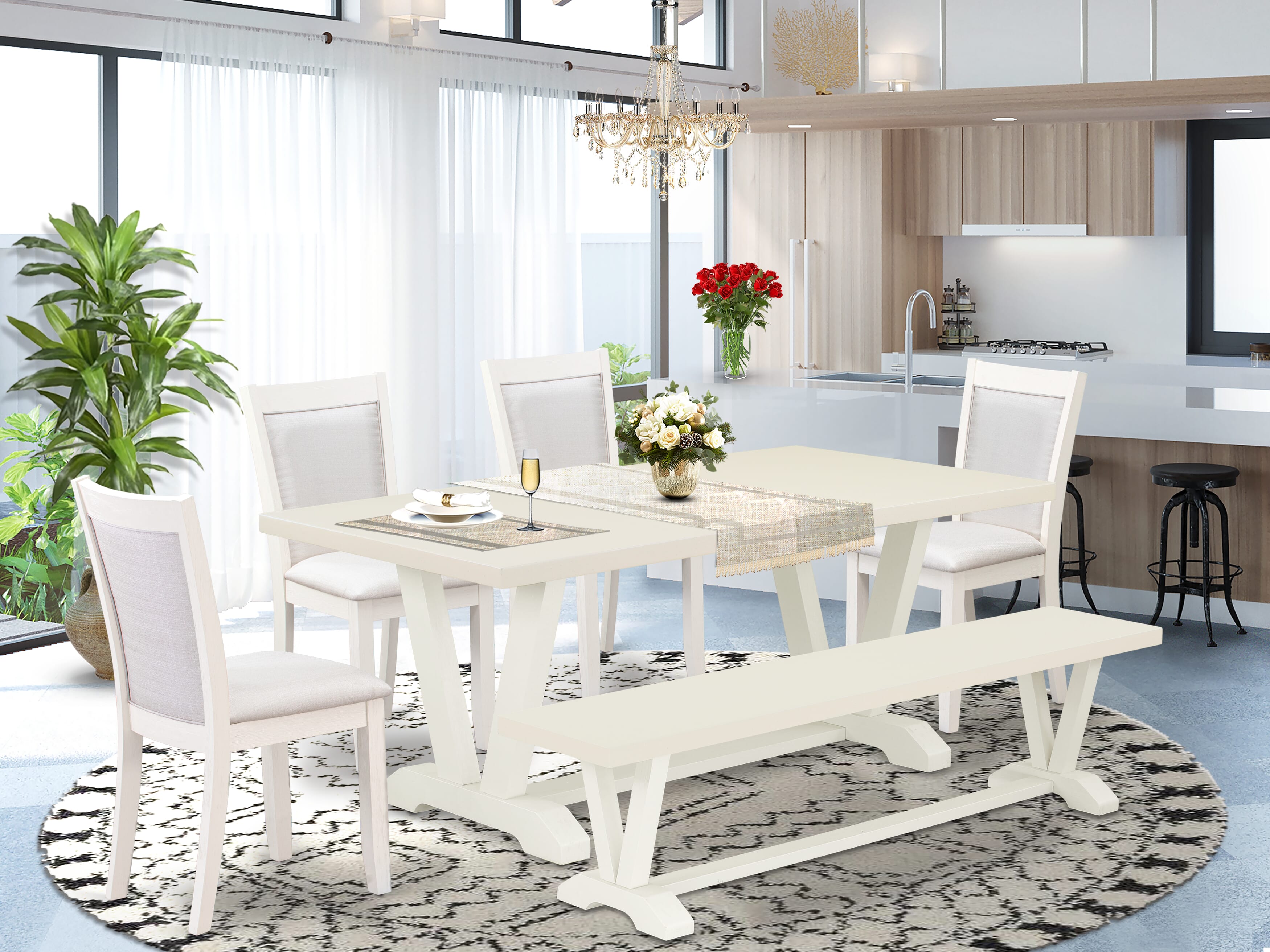 East West Furniture V027MZ001-6 6-Pc Modern Dining Set Includes a Dinner Table - 4 Cream Linen Fabric Padded Chairs with Stylish Back and a Dining Room Bench - Wire Brushed linen white Finish