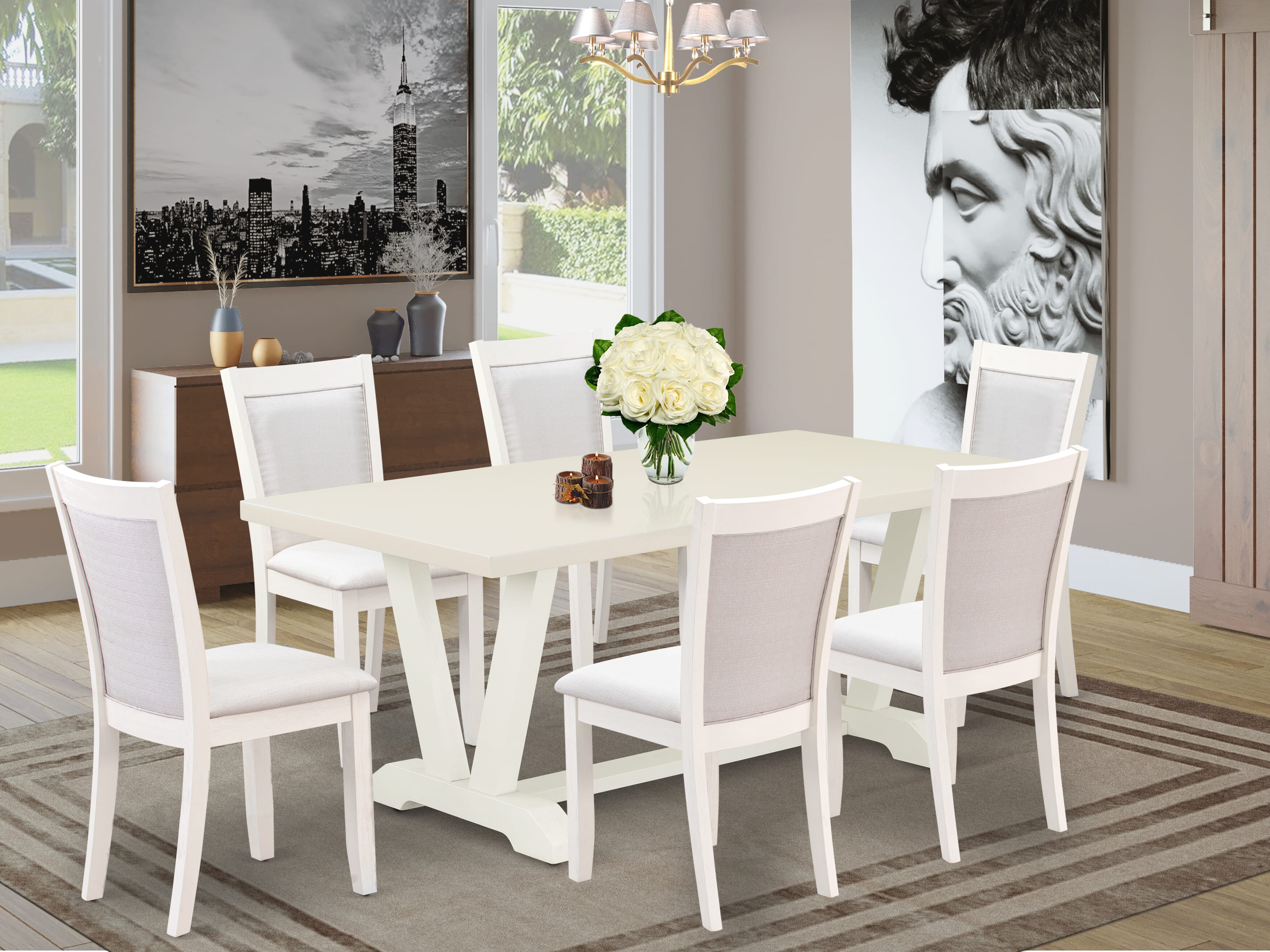 East West Furniture V027MZ001-7 7-Pc Dinner Table Set Includes a Modern Dining Table and 6 Cream Linen Fabric Dining Chairs with Stylish Back - Wire Brushed linen white Finish