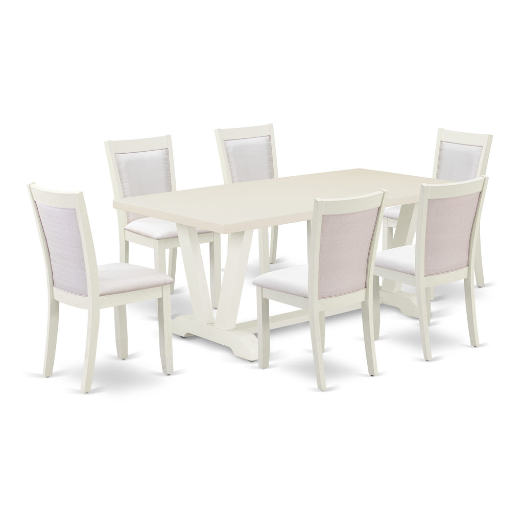East West Furniture V027MZ001-7 7 Piece Dining Set Consist of a Rectangle Dining Room Table with V-Legs and 6 Cream Linen Fabric Upholstered Parson Chairs