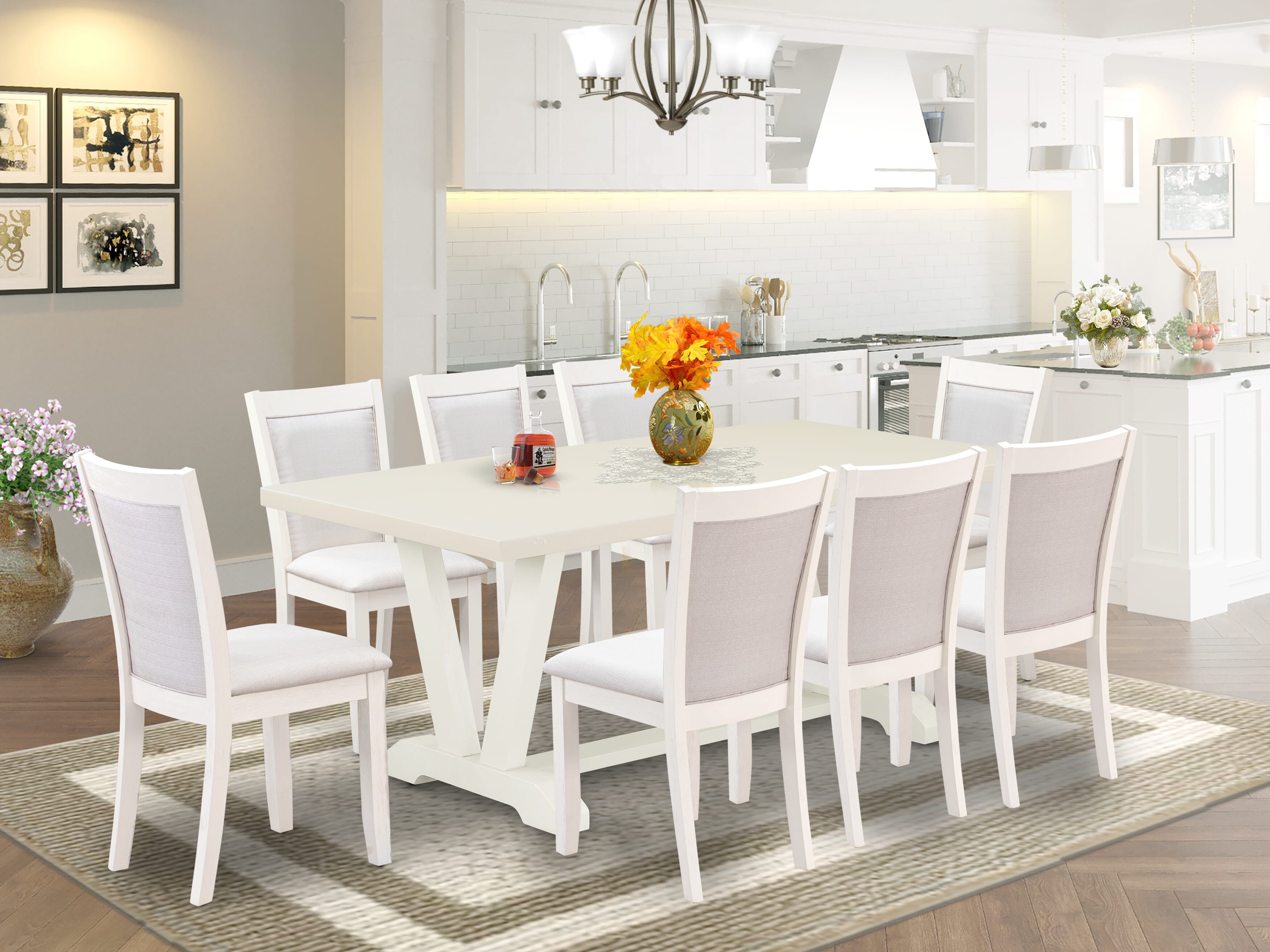 East West Furniture V027MZ001-9 9-Pc Dinette Set Includes a Wooden Table and 8 Cream Linen Fabric Dining Chairs with Stylish Back - Wire Brushed linen white Finish