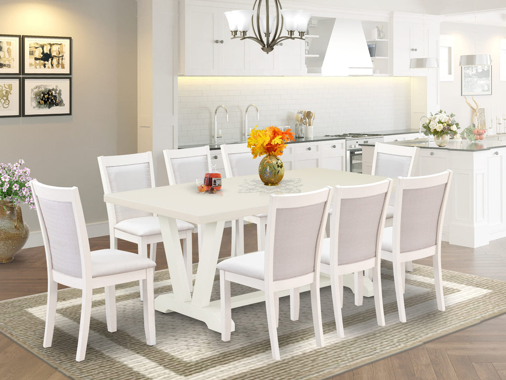 East West Furniture V027MZ001-9 9 Piece Modern Dining Table Set Includes a Rectangle Wooden Table with V-Legs and 8 Cream Linen Fabric Parsons Dining Chairs