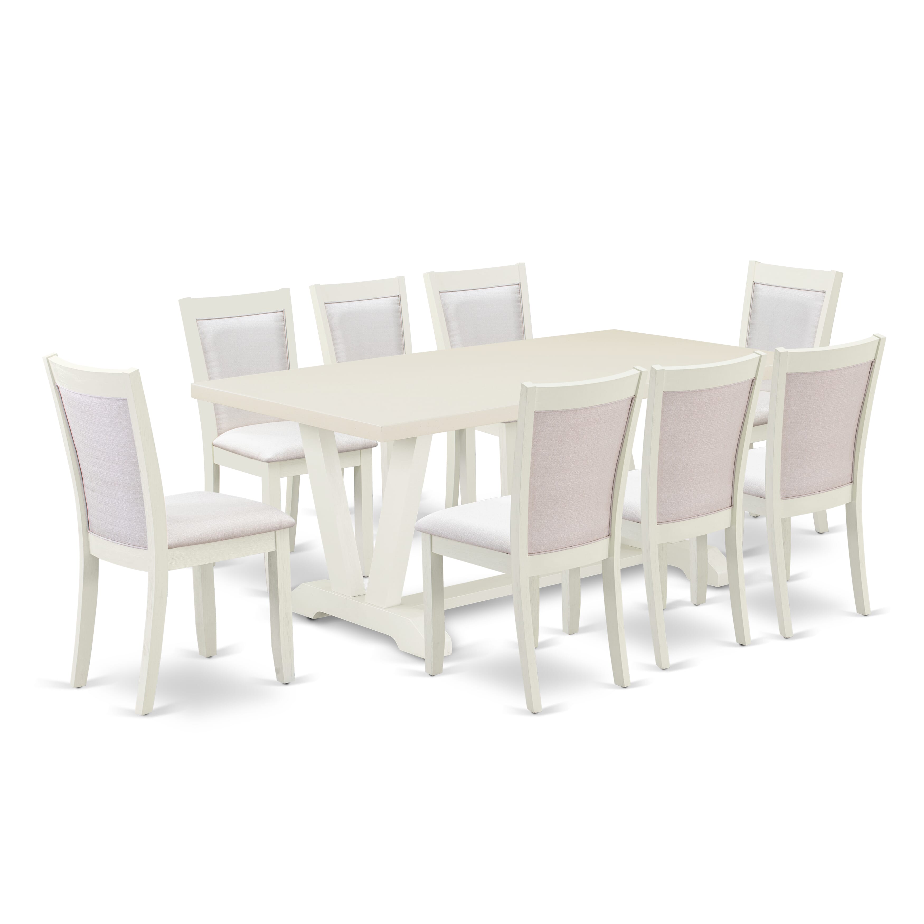 East West Furniture V027MZ001-9 9-Pc Dinette Set Includes a Wooden Table and 8 Cream Linen Fabric Dining Chairs with Stylish Back - Wire Brushed linen white Finish