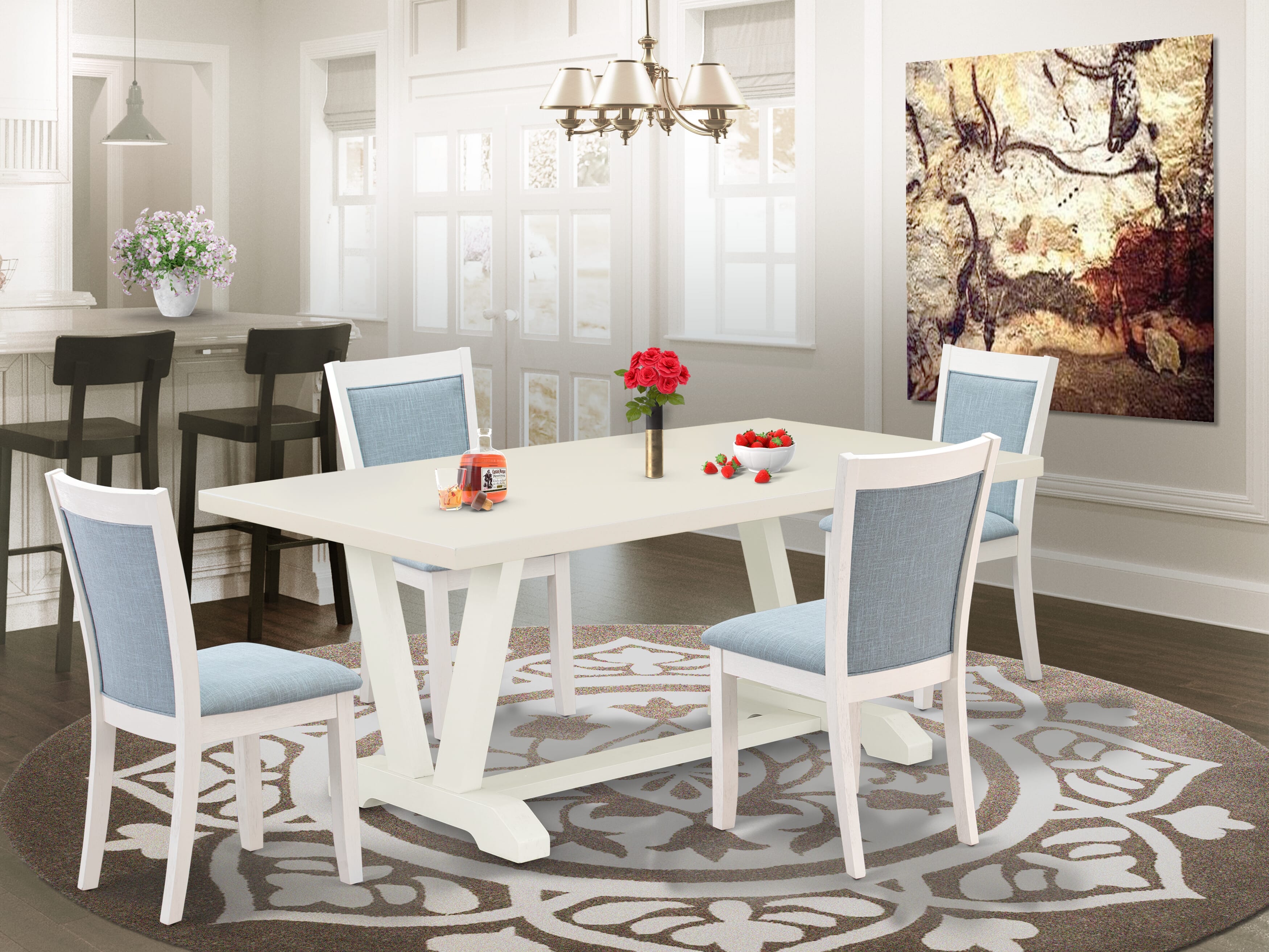 East West Furniture V027MZ015-5 5-Pc Table Set Includes a Dining Table and 4 Baby Blue Linen Fabric Dinning Room Chairs with Stylish Back - Wire Brushed linen white Finish