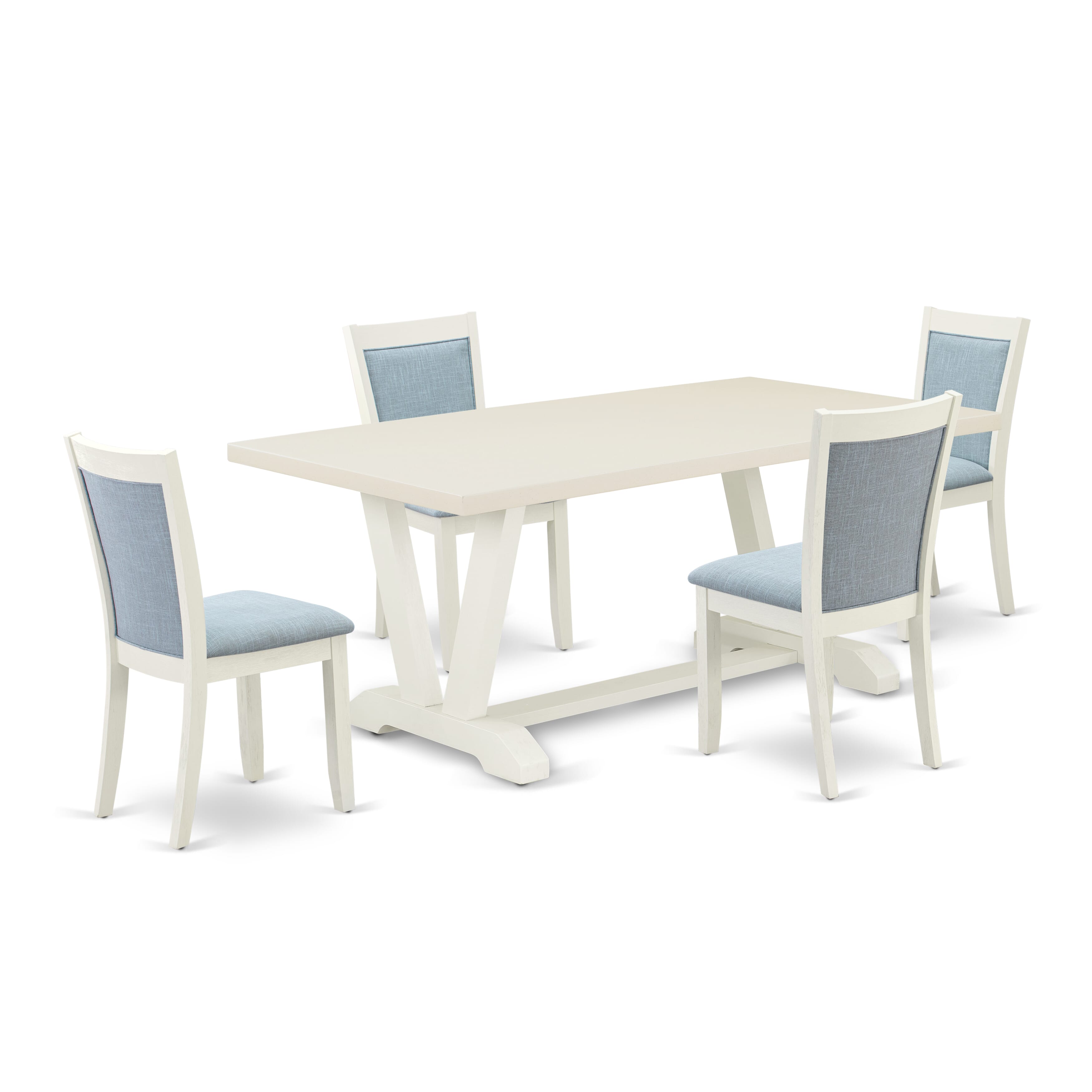 East West Furniture V027MZ015-5 5-Pc Table Set Includes a Dining Table and 4 Baby Blue Linen Fabric Dinning Room Chairs with Stylish Back - Wire Brushed linen white Finish