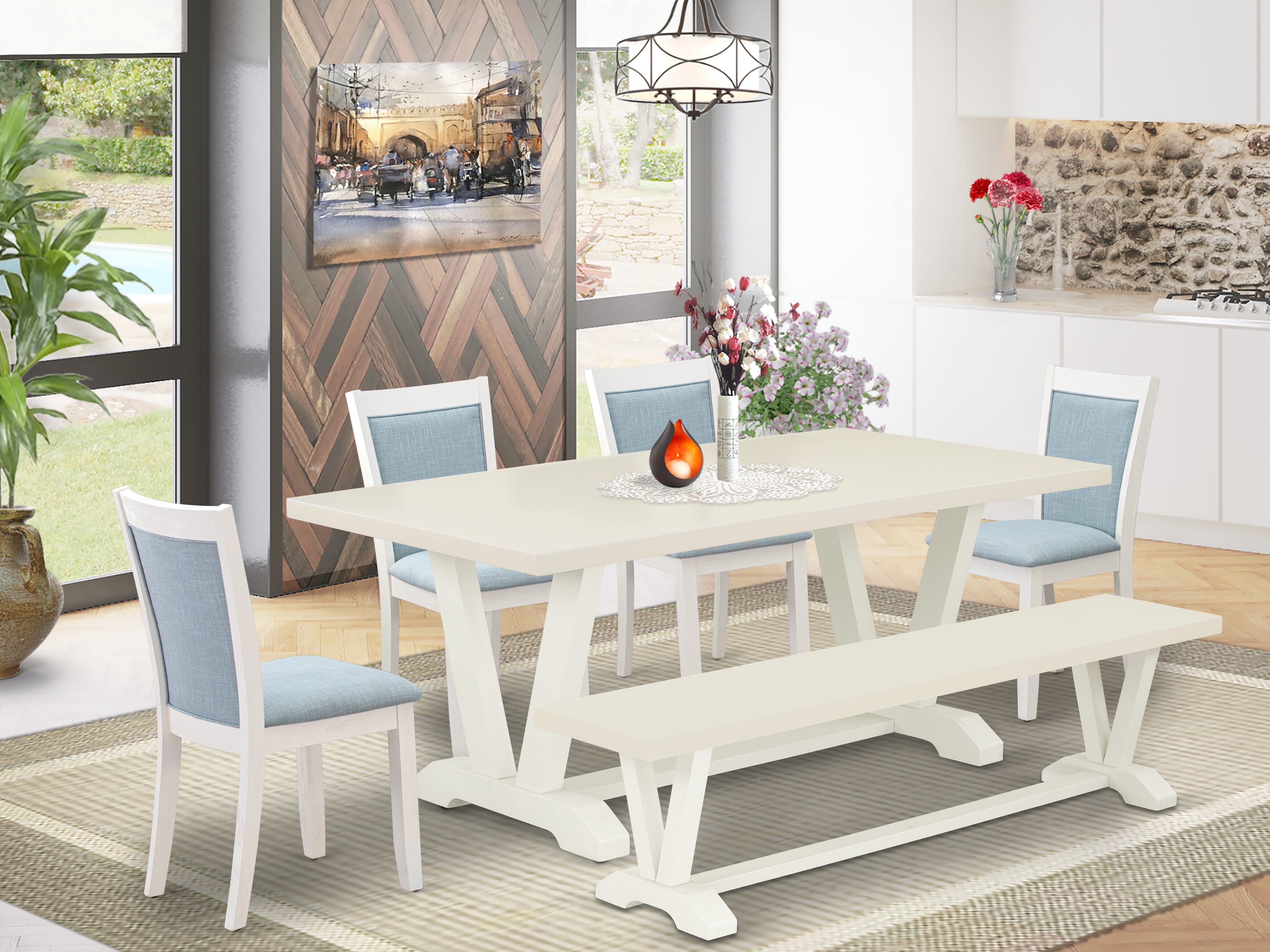 East West Furniture V027MZ015-6 6-Pc Table Set Includes a Wood Dining Table - 4 Baby Blue Linen Fabric Upholstered Chairs with Stylish Back and a Wood Bench - Wire Brushed linen white Finish