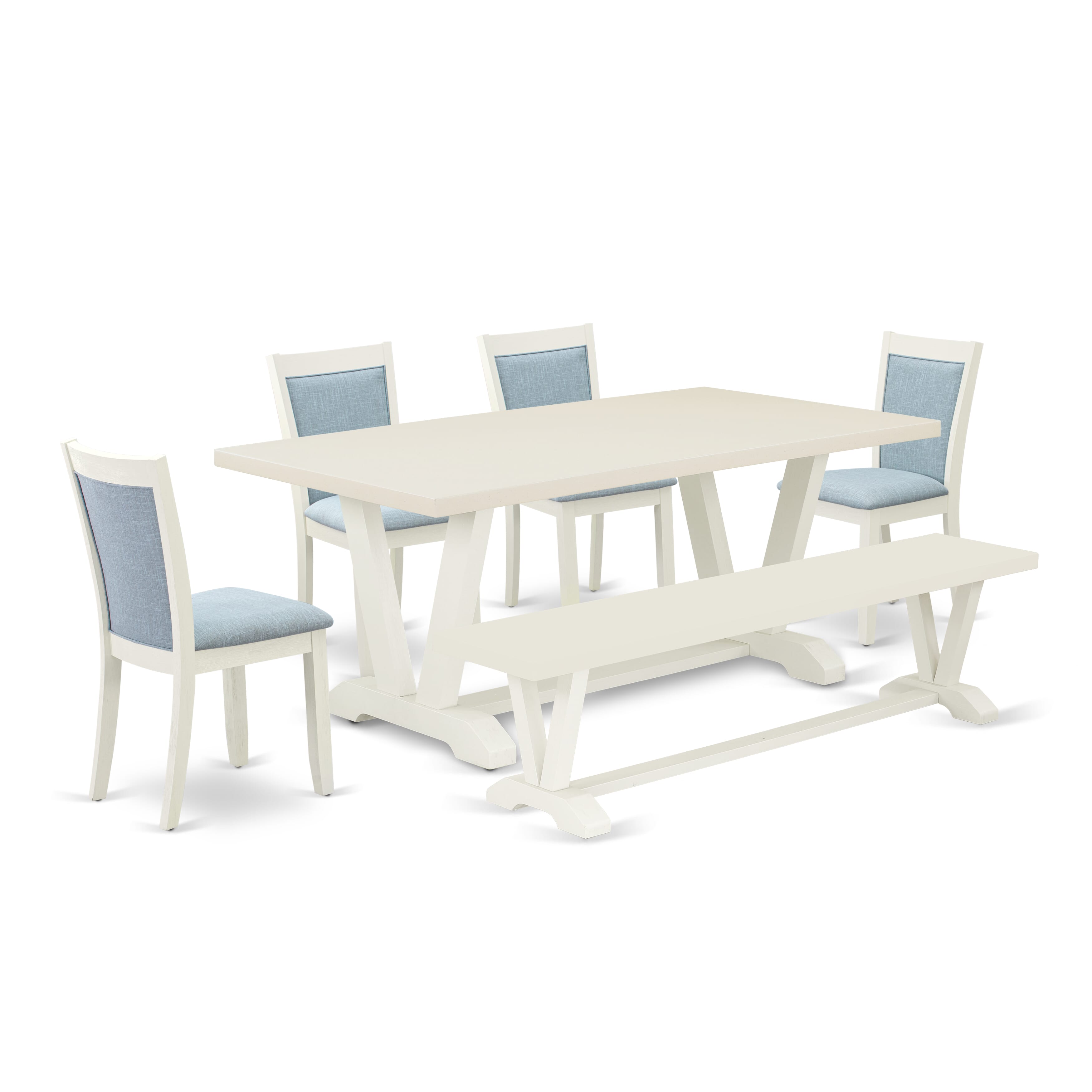 East West Furniture V027MZ015-6 6-Pc Table Set Includes a Wood Dining Table - 4 Baby Blue Linen Fabric Upholstered Chairs with Stylish Back and a Wood Bench - Wire Brushed linen white Finish