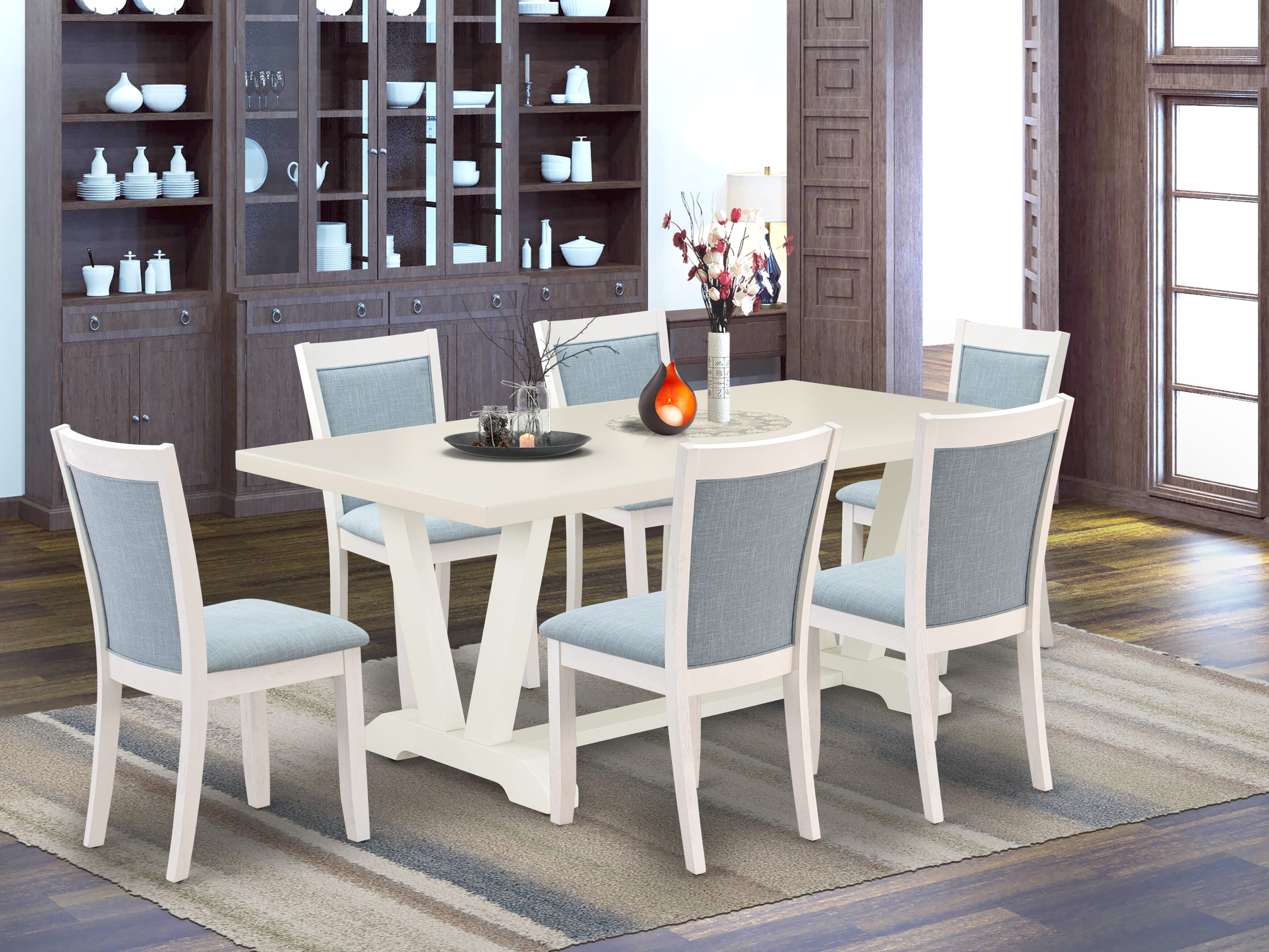 East West Furniture V027MZ015-7 7-Pc Kitchen Dining Table Set Includes a Dinning Table and 6 Baby Blue Linen Fabric Dining Chairs with Stylish Back - Wire Brushed linen white Finish