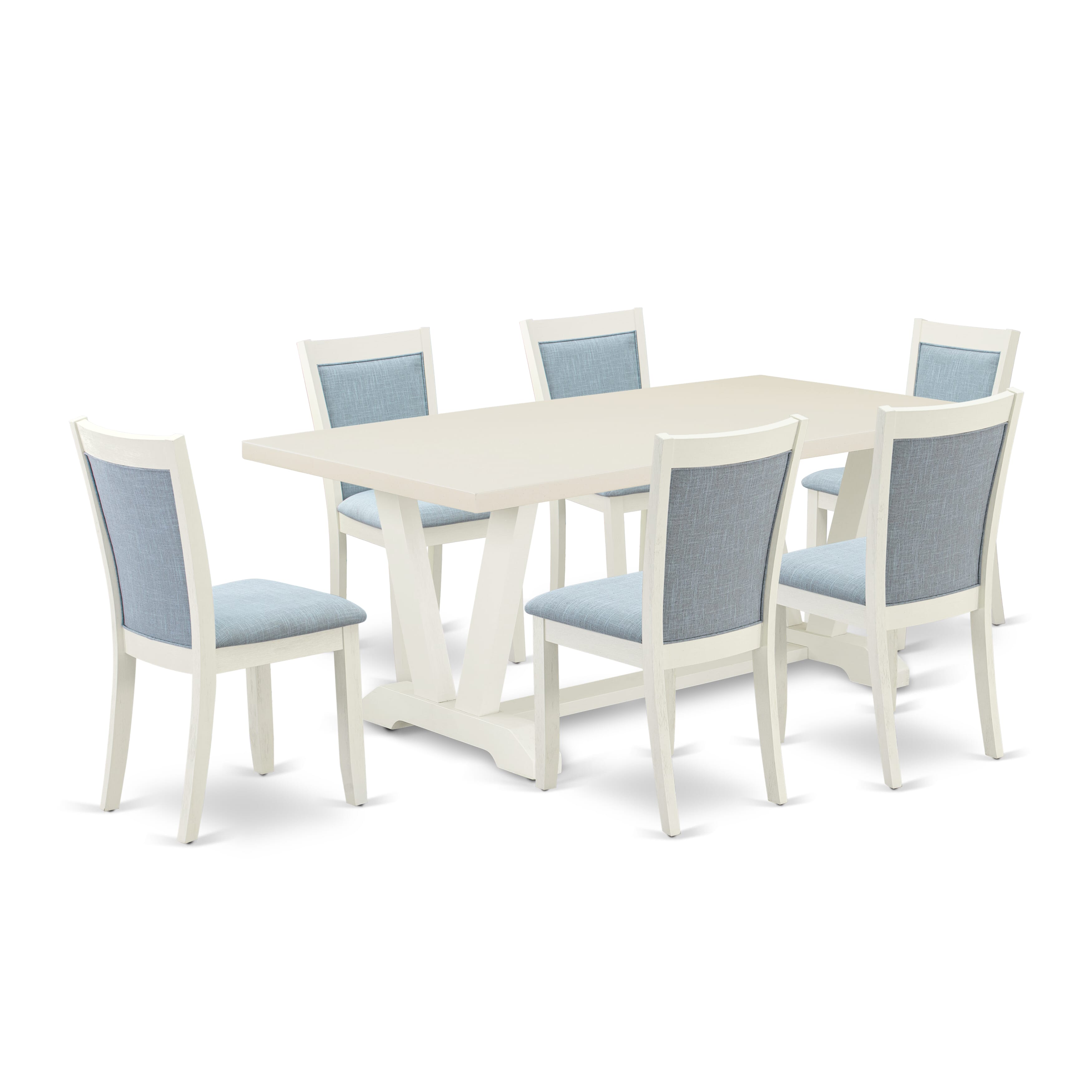 East West Furniture V027MZ015-7 7-Pc Kitchen Dining Table Set Includes a Dinning Table and 6 Baby Blue Linen Fabric Dining Chairs with Stylish Back - Wire Brushed linen white Finish