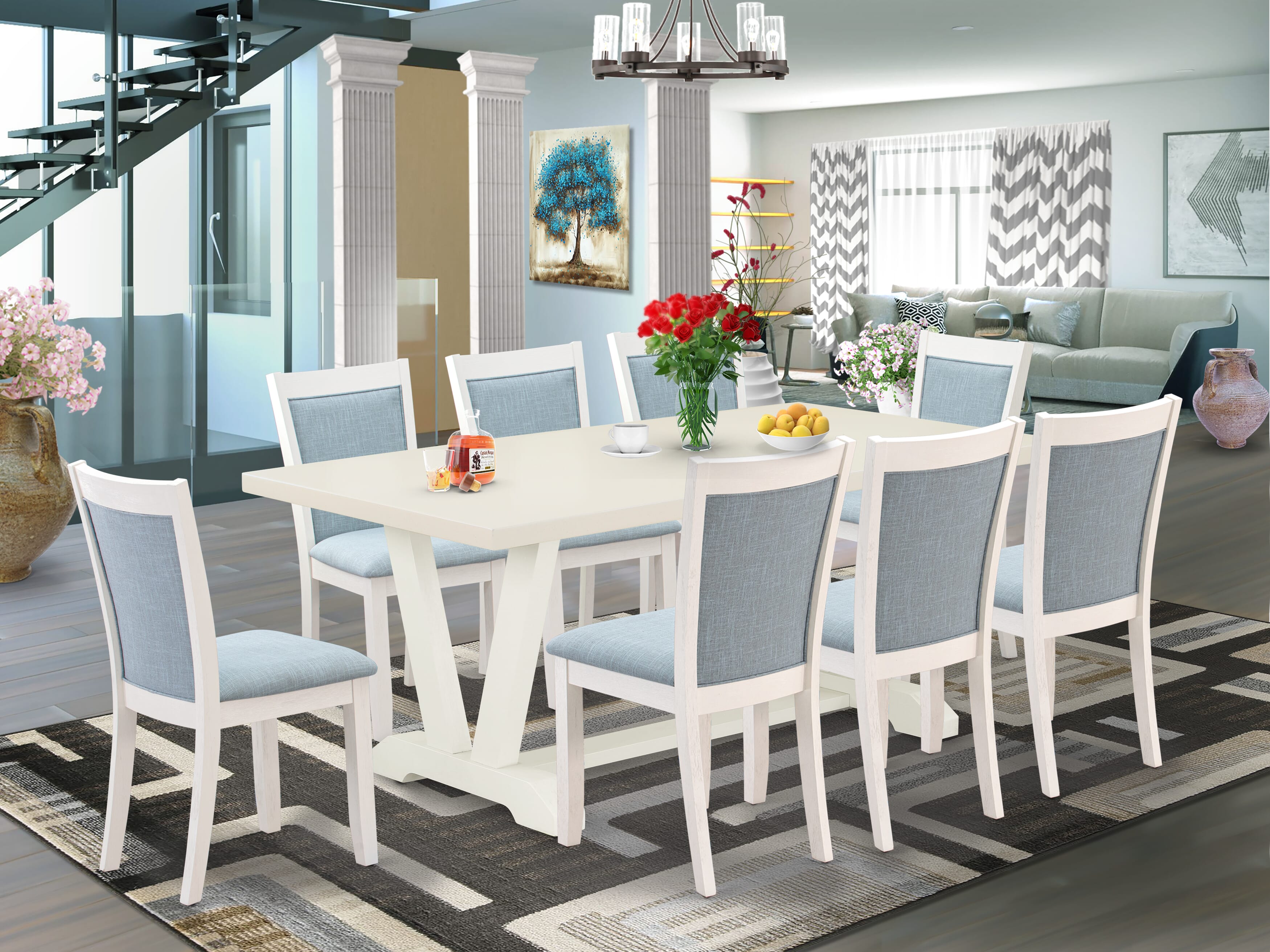 East West Furniture V027MZ015-9 9-Pc Dining Room Table Set Includes a Rectangular Table and 8 Baby Blue Linen Fabric Dining Chairs with Stylish Back - Wire Brushed linen white Finish