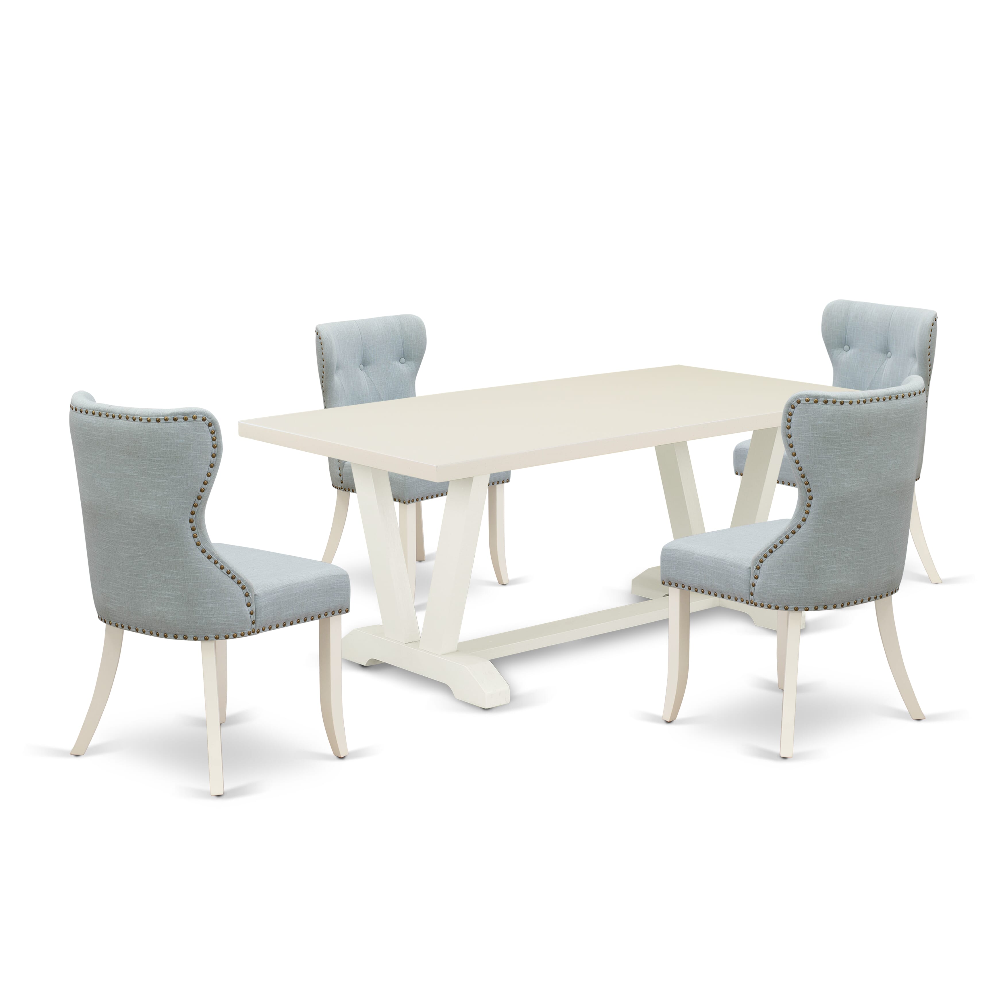 Juego de mesa de comedor East West Furniture V027SI215-5 de 5 piezas para 4 personas. Incluye una mesa de cocina rectangular con patas en V y 4 sillas tapizadas en tela de lino azul bebé.