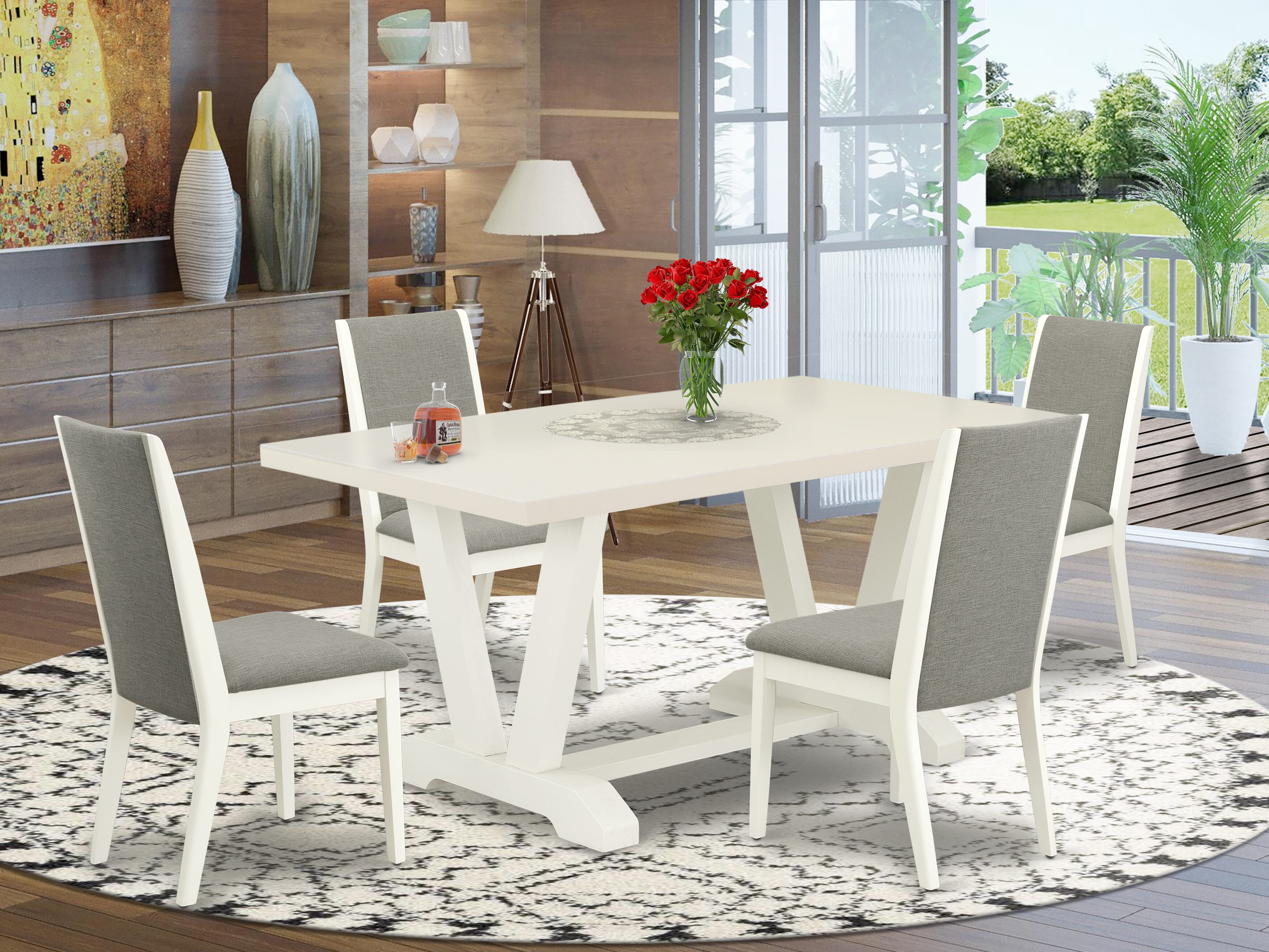Juego de comedor de 6 piezas East West Furniture V027SI215-6. Contiene una mesa de comedor rectangular con patas en V y 4 sillas Parson de tela de lino azul bebé con un banco.