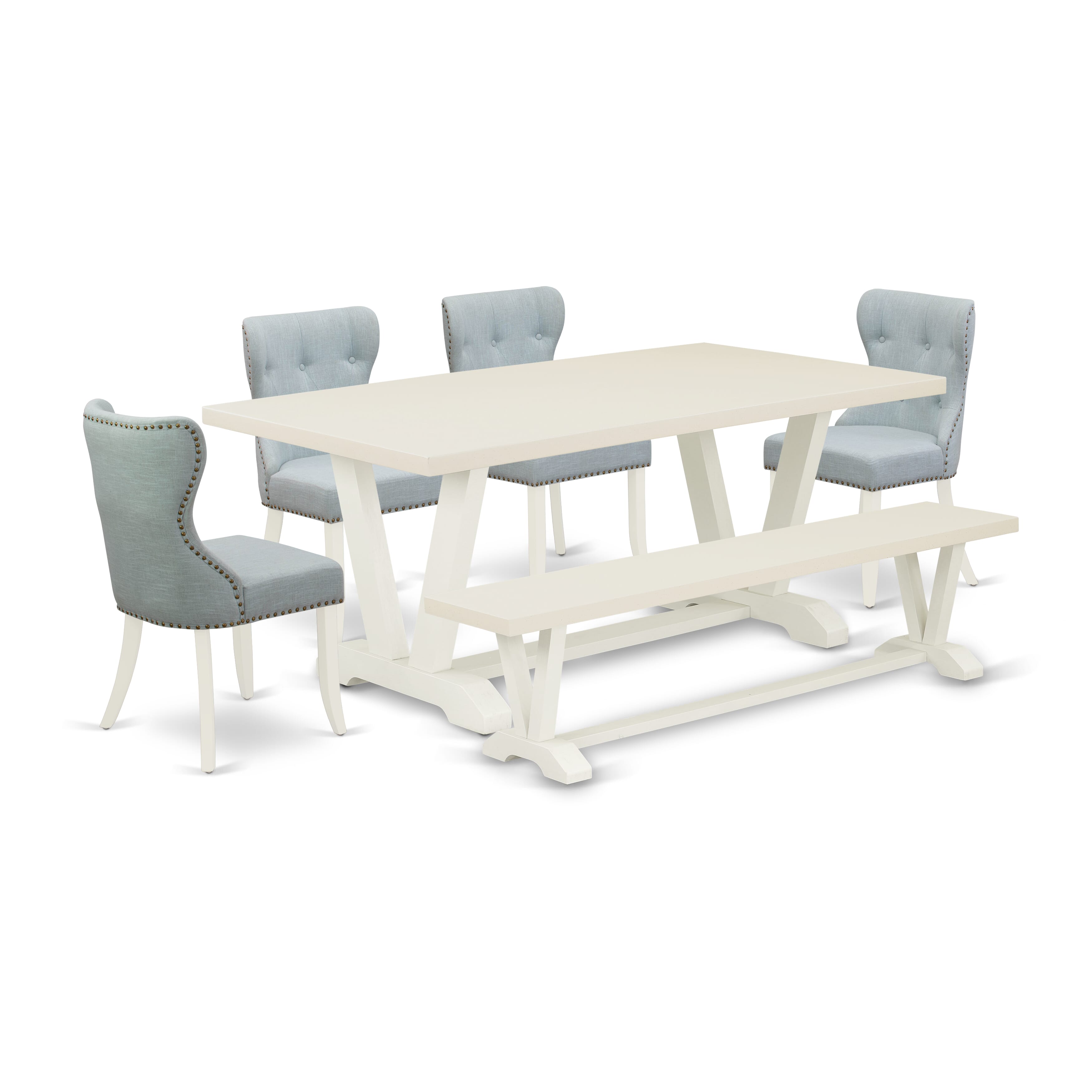 Juego de comedor de 6 piezas East West Furniture V027SI215-6. Contiene una mesa de comedor rectangular con patas en V y 4 sillas Parson de tela de lino azul bebé con un banco.