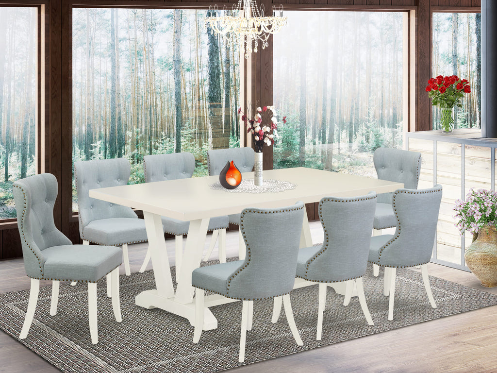El juego de mesa de cocina de 9 piezas East West Furniture V027SI215-9 incluye una mesa de comedor rectangular con patas en V y 8 sillas de comedor Parson de tela de lino azul bebé.
